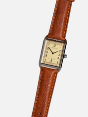 curated basics classic rectangular tank watch with japanese movement 20x40mm case dimensions tan leather green leather strap kempt athens ga georgia men's clothing store