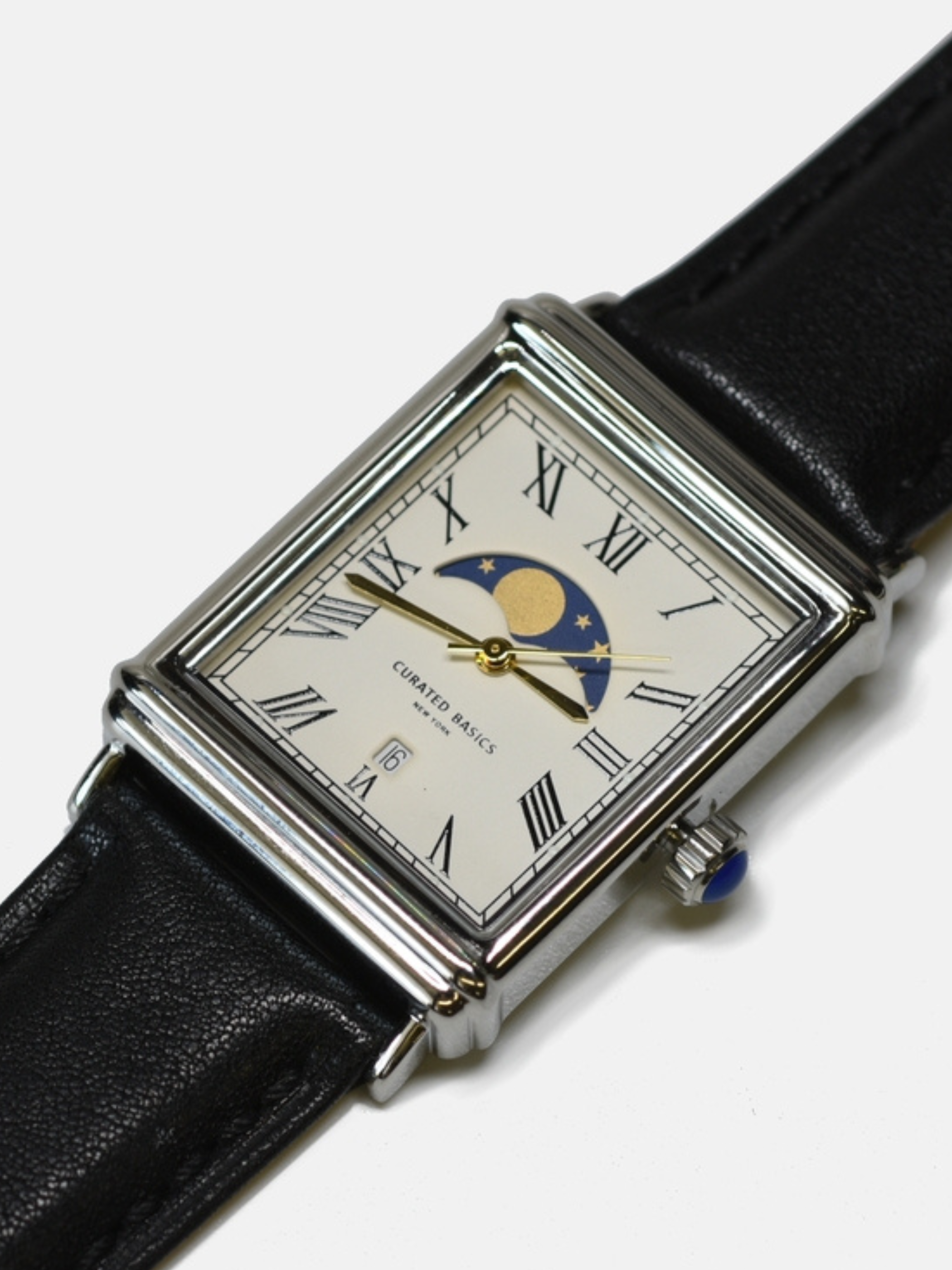 Curated Basics Moonphase Watch Black Leather Blue Lizard Strap Men’s Accessories Gifts for Men Jewelry Watches Rectangular Face Athens GA Georgia Kempt Menswear Store Near Me