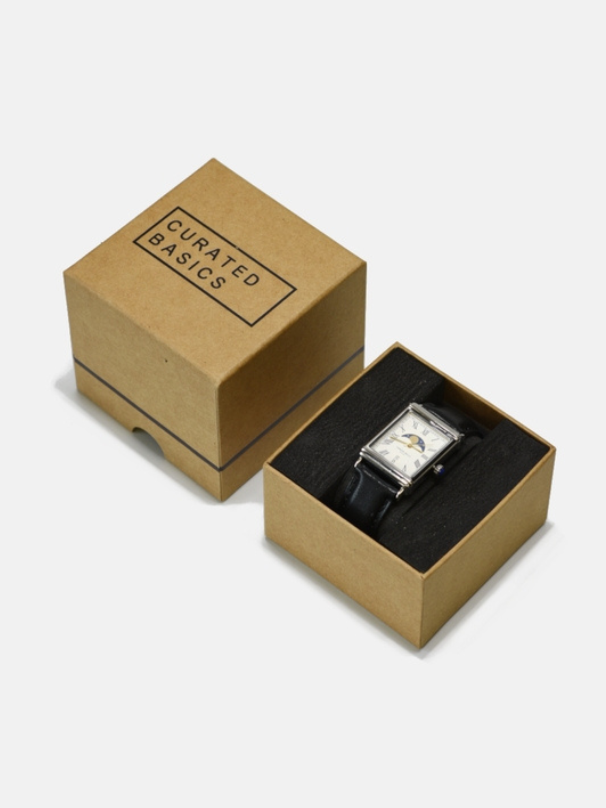 Curated Basics Moonphase Watch Black Leather Blue Lizard Strap Men’s Accessories Gifts for Men Jewelry Watches Rectangular Face Athens GA Georgia Kempt Menswear Store Near Me