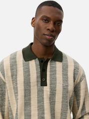 Les Deux Bowie Jacquard Jersey LS Long Sleeve Polo Shirt Duffel Bag Green Cream Stripe Design Contrast Collar Fall Winter Men’s Tops for Men Athens GA Georgia Kempt Menswear Store Near Me