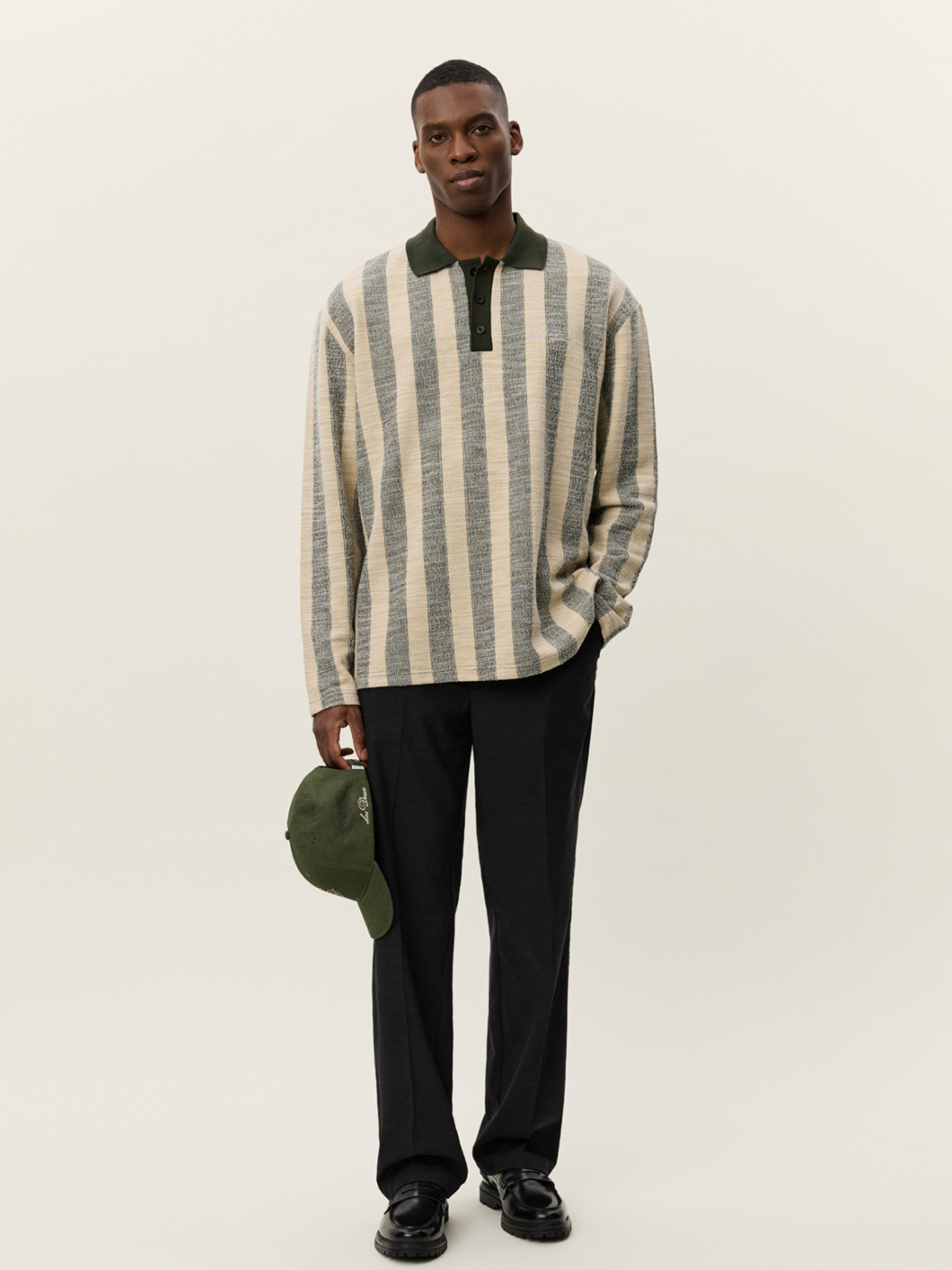 Les Deux Bowie Jacquard Jersey LS Long Sleeve Polo Shirt Duffel Bag Green Cream Stripe Design Contrast Collar Fall Winter Men’s Tops for Men Athens GA Georgia Kempt Menswear Store Near Me