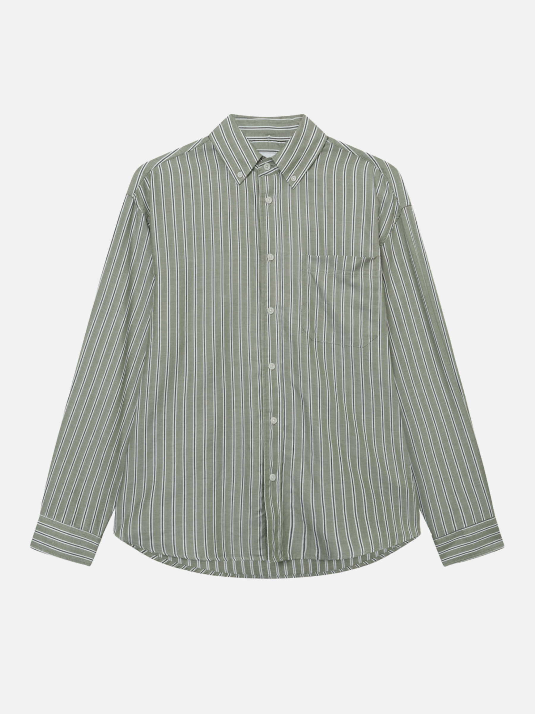 Les Deux Kolton Herringbone Poplin Dress Shirt Button Up Collared Men’s LS Long Sleeve Top White Chive Green Striped Pattern Athens GA Georgia Kempt Menswear Store Near Me