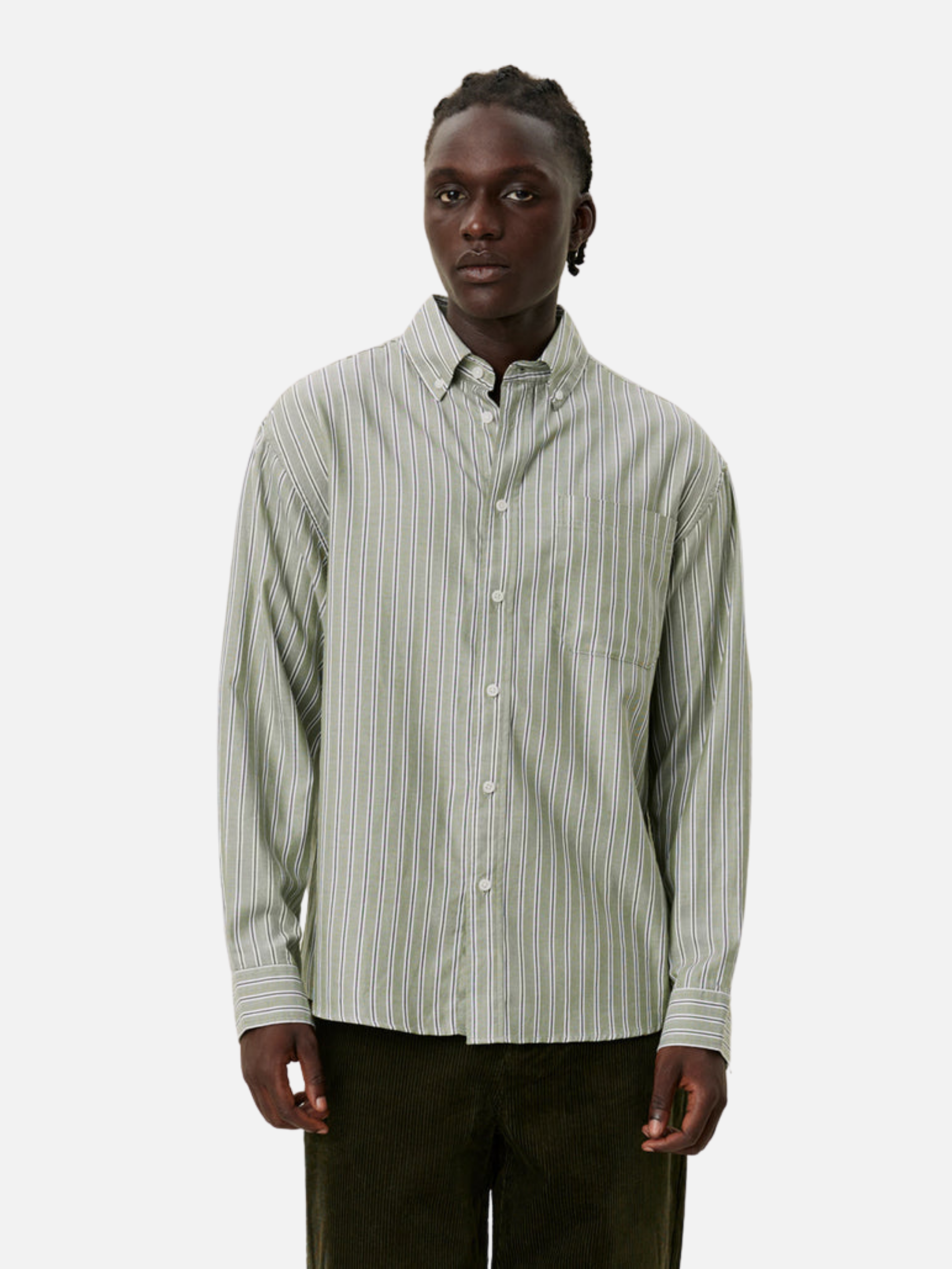 Les Deux Kolton Herringbone Poplin Dress Shirt Button Up Collared Men’s LS Long Sleeve Top White Chive Green Striped Pattern Athens GA Georgia Kempt Menswear Store Near Me