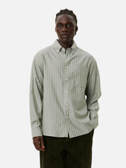 Les Deux Kolton Herringbone Poplin Dress Shirt Button Up Collared Men’s LS Long Sleeve Top White Chive Green Striped Pattern Athens GA Georgia Kempt Menswear Store Near Me