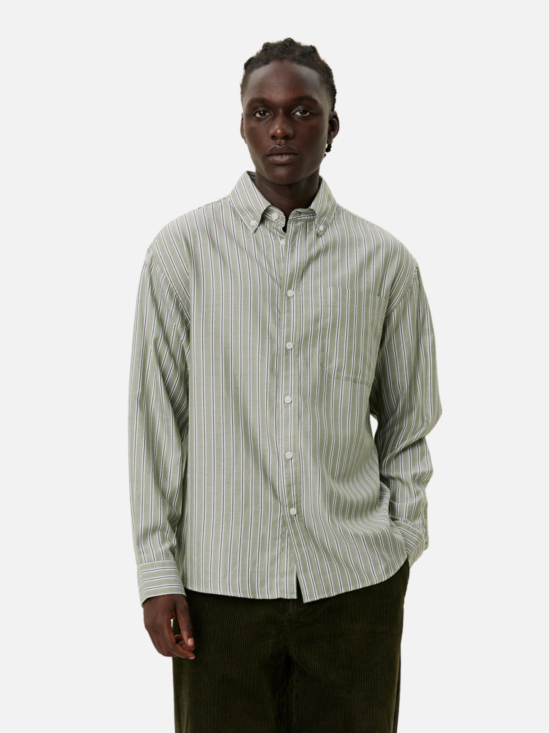 Les Deux Kolton Herringbone Poplin Dress Shirt Button Up Collared Men’s LS Long Sleeve Top White Chive Green Striped Pattern Athens GA Georgia Kempt Menswear Store Near Me