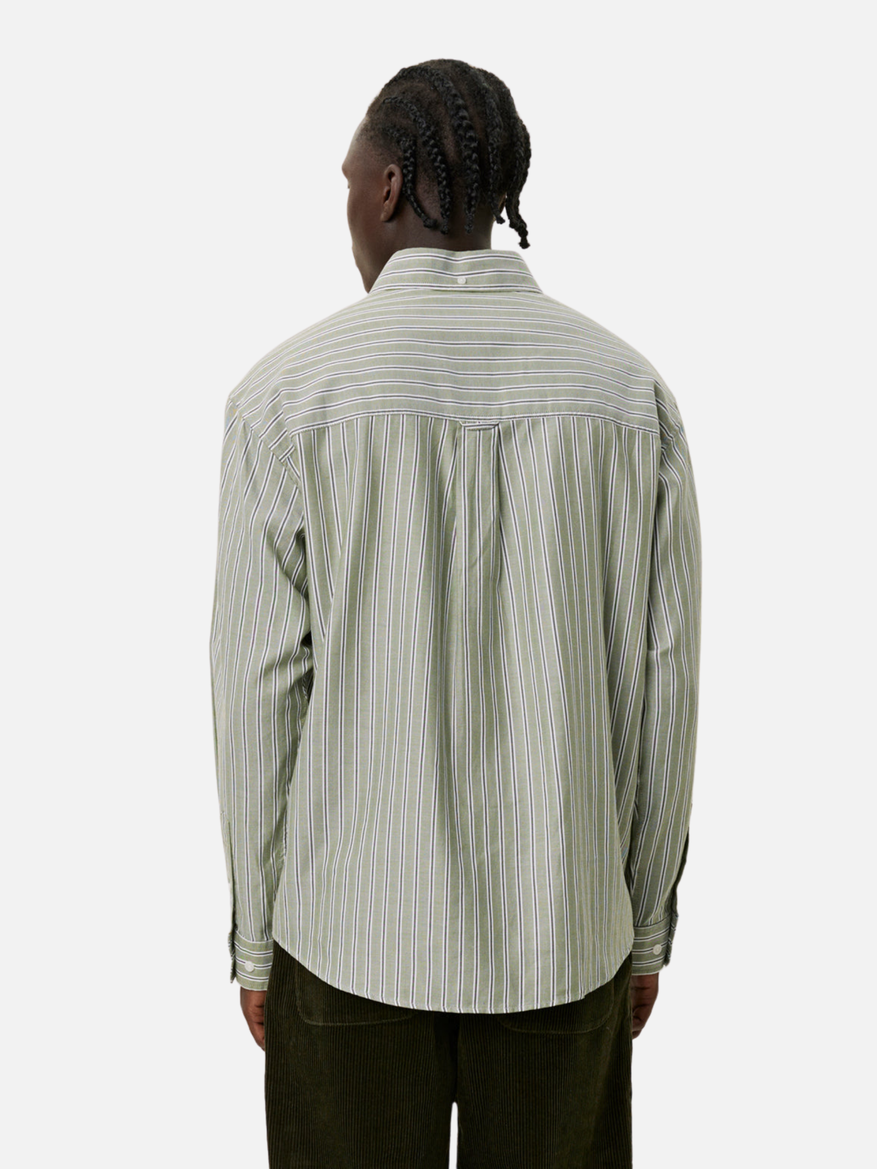 Les Deux Kolton Herringbone Poplin Dress Shirt Button Up Collared Men’s LS Long Sleeve Top White Chive Green Striped Pattern Athens GA Georgia Kempt Menswear Store Near Me