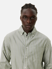 Les Deux Kolton Herringbone Poplin Dress Shirt Button Up Collared Men’s LS Long Sleeve Top White Chive Green Striped Pattern Athens GA Georgia Kempt Menswear Store Near Me