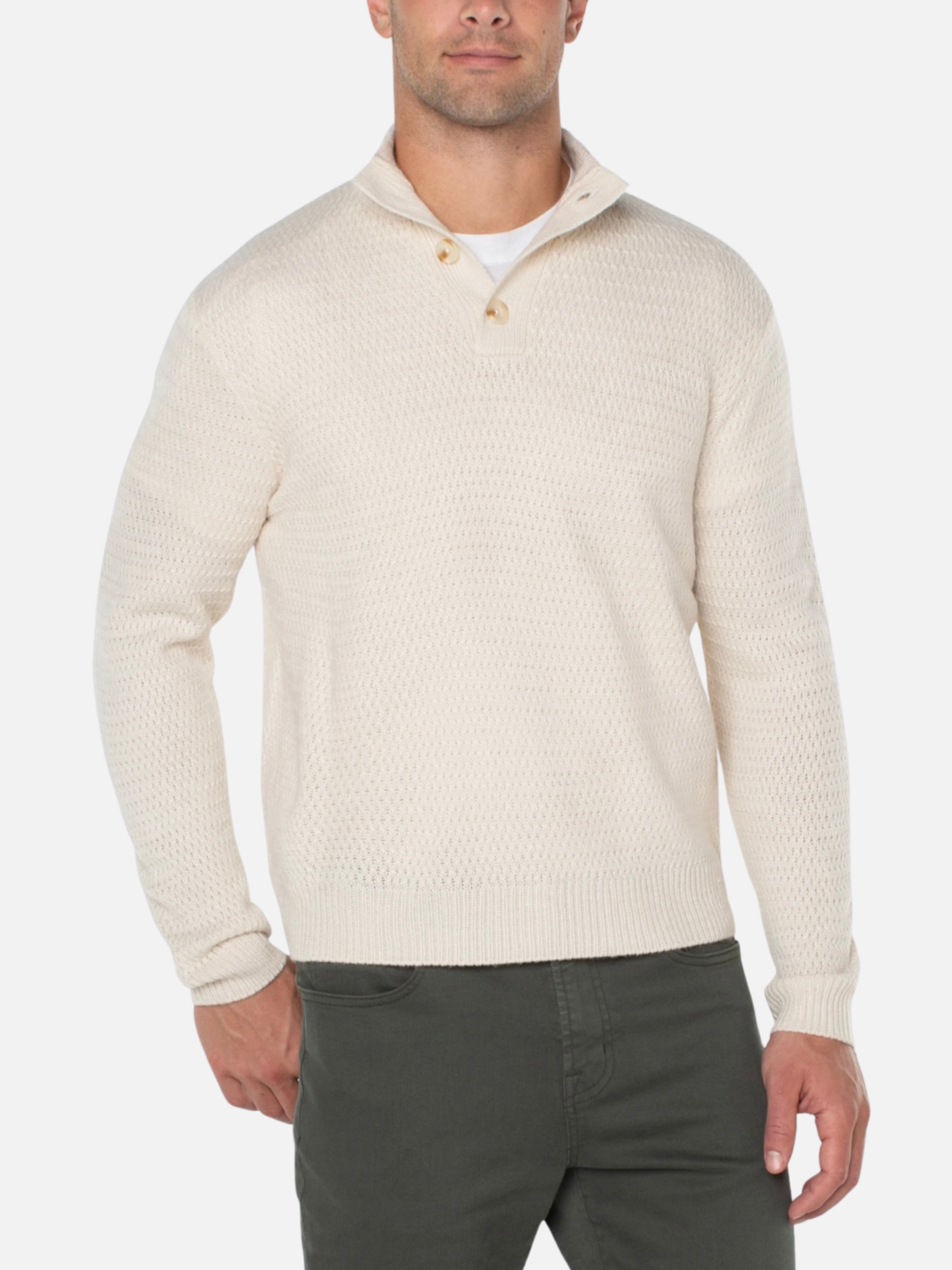 Liverpool Button Mock Neck Sweater Cream Men’s Sweater Acrylic LS Long Sleeve Top for Men Athens GA Georgia Kempt Menswear Store Near Me