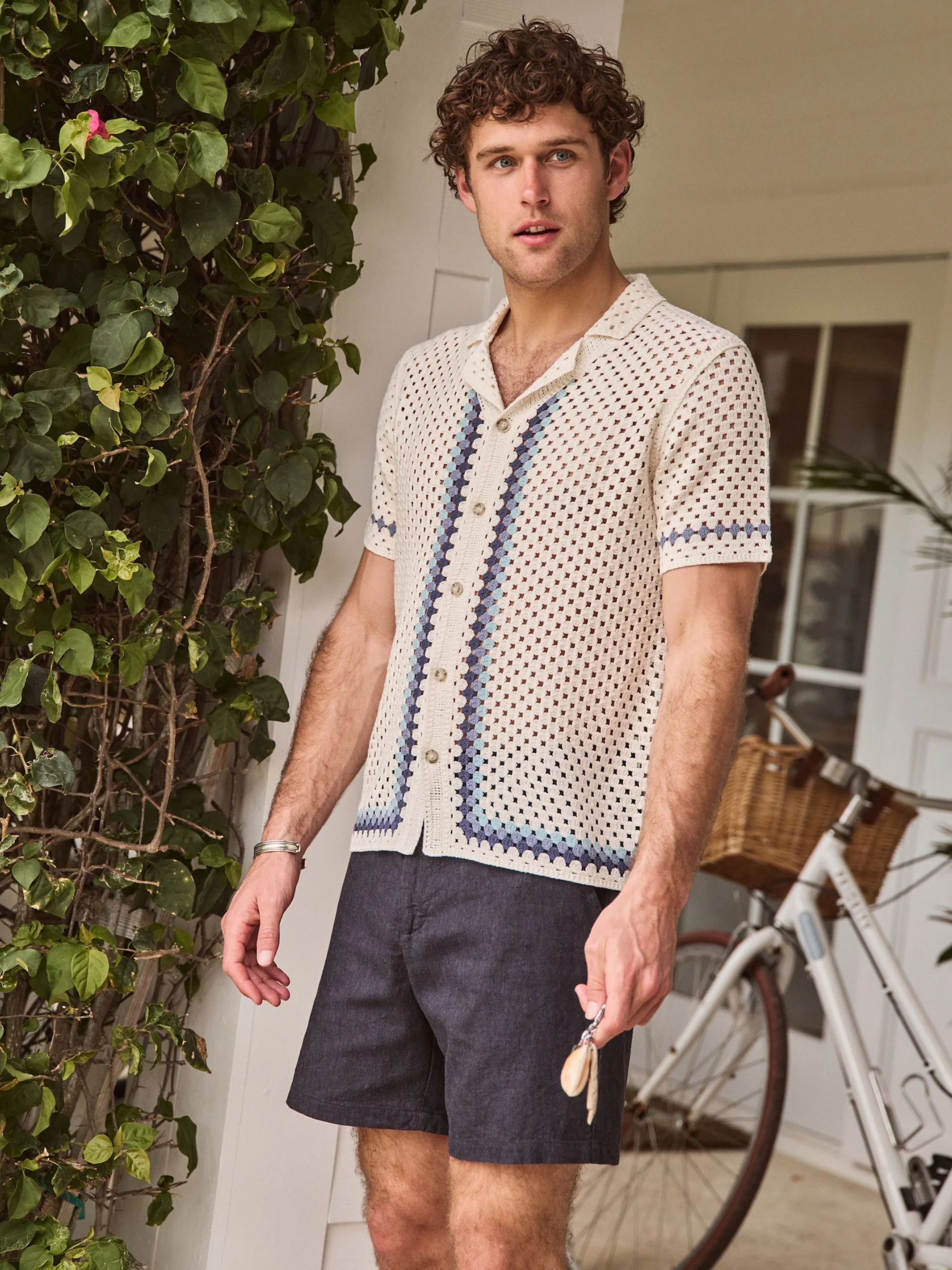 Marine Layer Archive Ace Crochet Resort Shirt Natural Border Men's SS Short Sleeve Collared Button Up Top For Men Athens GA Georgia Kempt Menswear Store Near Me
