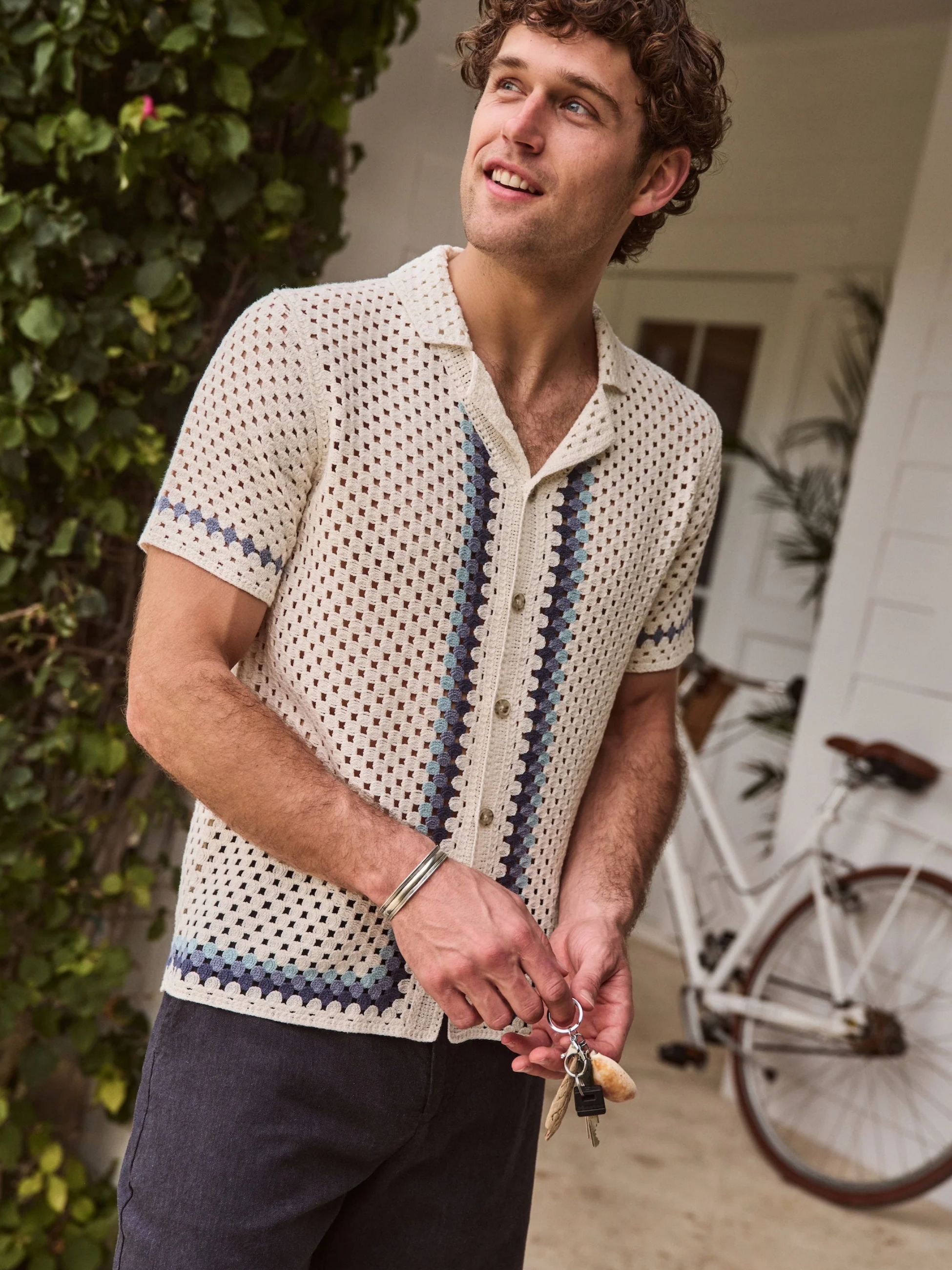 Marine Layer Archive Ace Crochet Resort Shirt Natural Border Men's SS Short Sleeve Collared Button Up Top For Men Athens GA Georgia Kempt Menswear Store Near Me