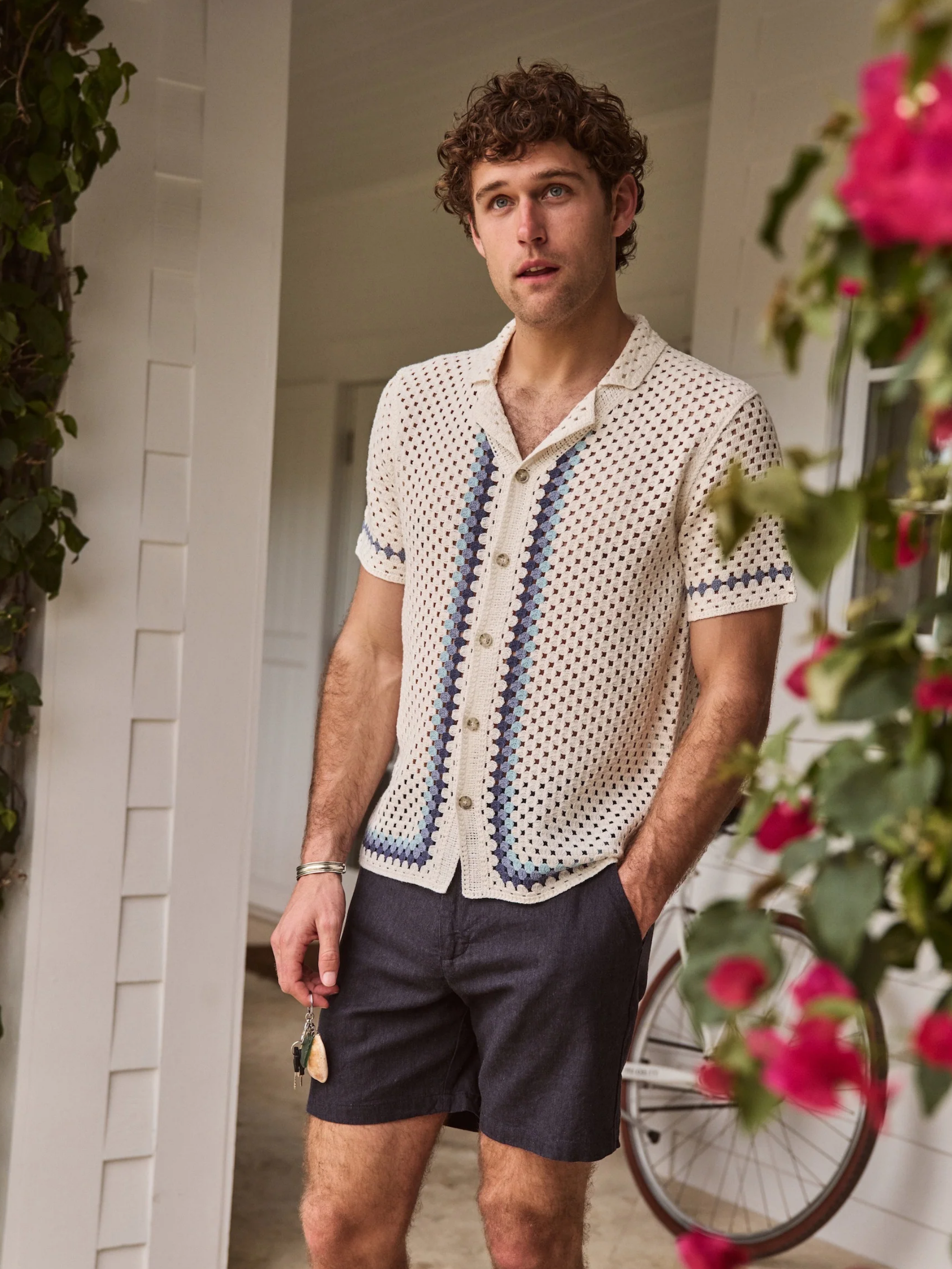 Marine Layer Archive Ace Crochet Resort Shirt Natural Border Men's SS Short Sleeve Collared Button Up Top For Men Athens GA Georgia Kempt Menswear Store Near Me