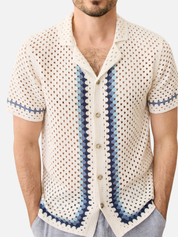 Marine Layer Archive Ace Crochet Resort Shirt Natural Border Men's SS Short Sleeve Collared Button Up Top For Men Athens GA Georgia Kempt Menswear Store Near Me