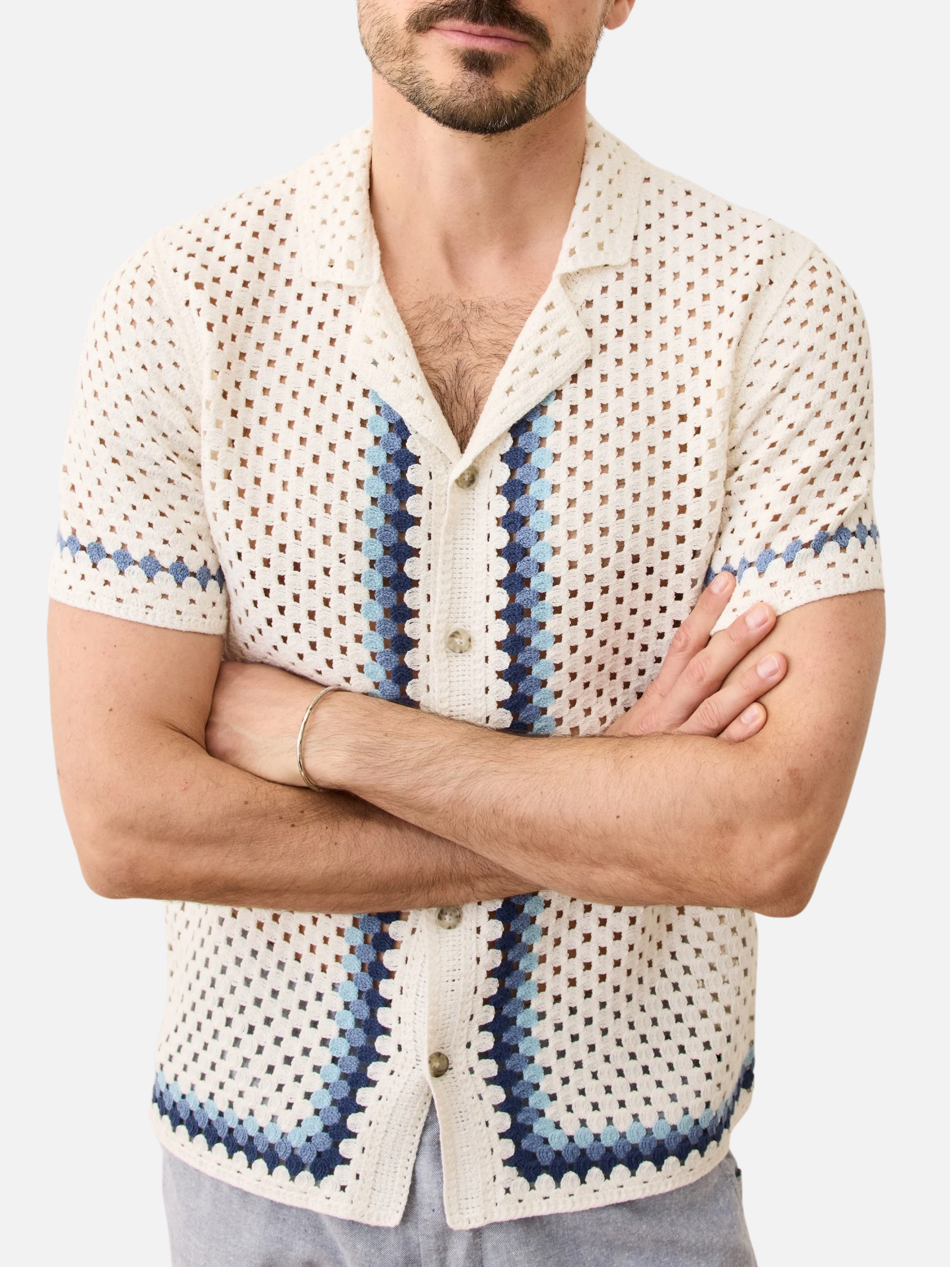 Marine Layer Archive Ace Crochet Resort Shirt Natural Border Men's SS Short Sleeve Collared Button Up Top For Men Athens GA Georgia Kempt Menswear Store Near Me