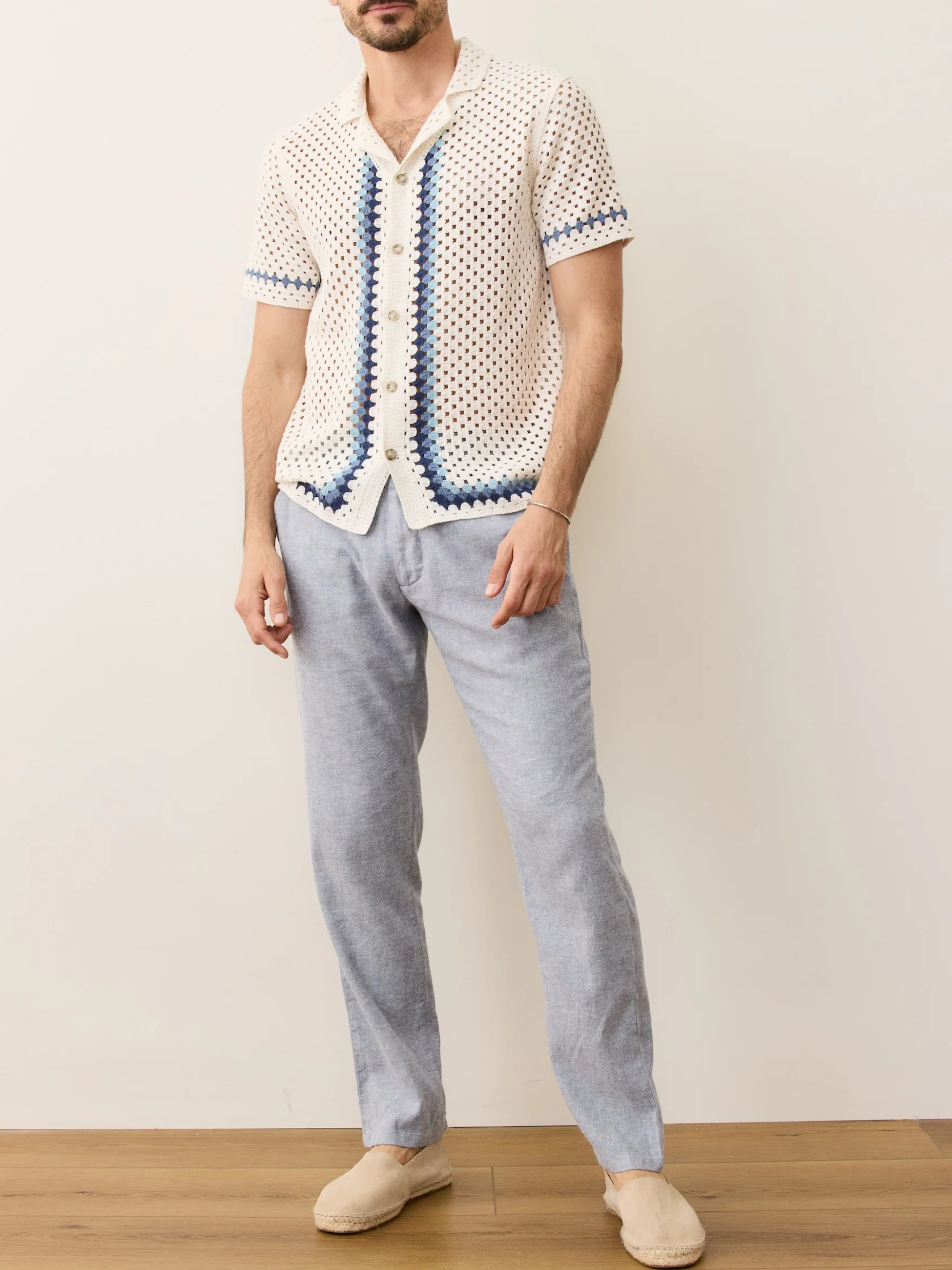 Marine Layer Archive Ace Crochet Resort Shirt Natural Border Men's SS Short Sleeve Collared Button Up Top For Men Athens GA Georgia Kempt Menswear Store Near Me