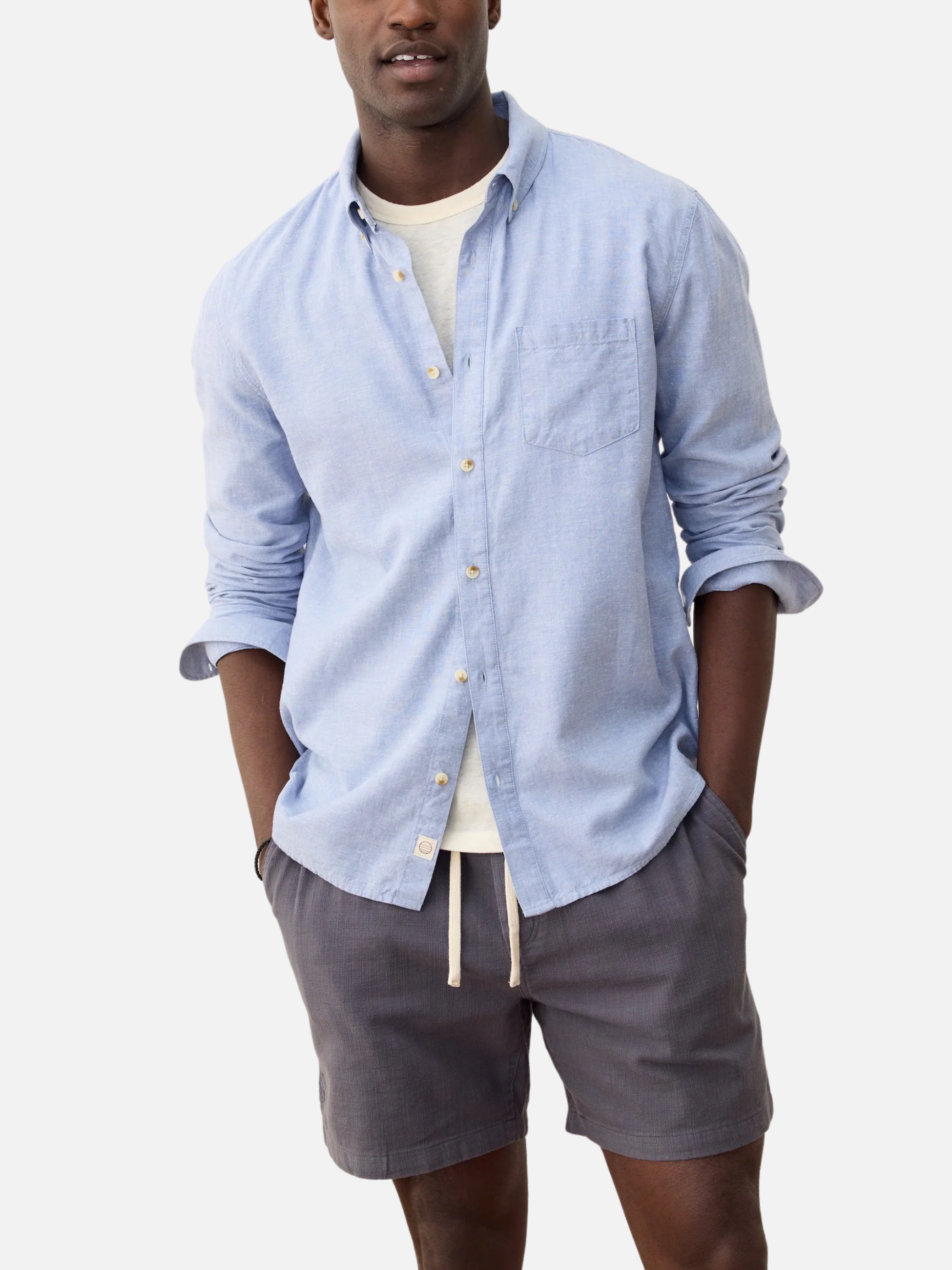 Marine Layer Better-Than-Linen Shirt LS Long Sleeve Men’s Chambray Blue Collared Button Up Top for Men Spring Summer Athens GA Georgia Kempt Menswear Store Near Me