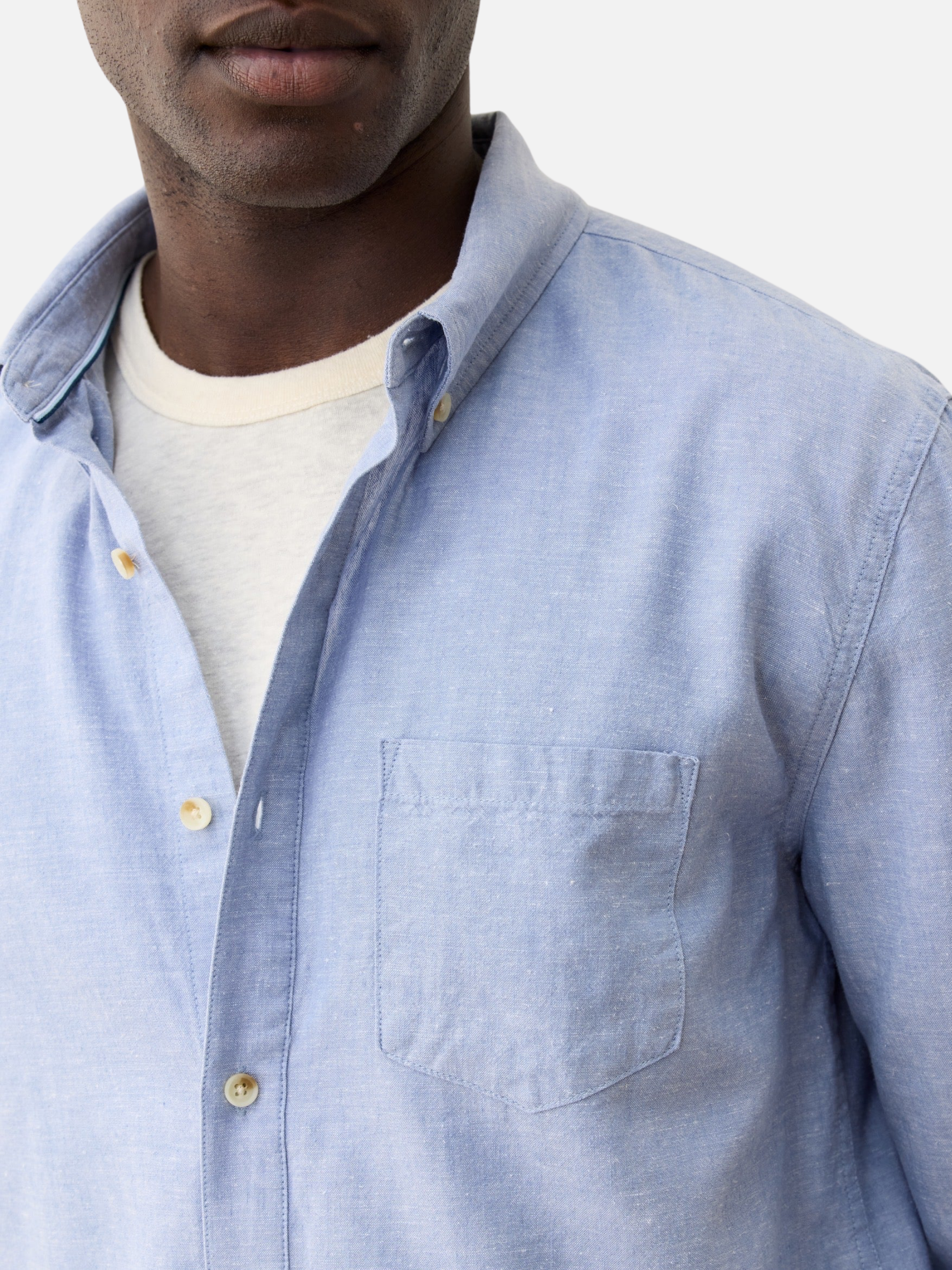 Marine Layer Better-Than-Linen Shirt LS Long Sleeve Men’s Chambray Blue Collared Button Up Top for Men Spring Summer Athens GA Georgia Kempt Menswear Store Near Me
