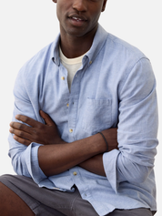 Marine Layer Better-Than-Linen Shirt LS Long Sleeve Men’s Chambray Blue Collared Button Up Top for Men Spring Summer Athens GA Georgia Kempt Menswear Store Near Me