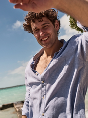 Marine Layer Better-Than-Linen Shirt LS Long Sleeve Men’s Chambray Blue Collared Button Up Top for Men Spring Summer Athens GA Georgia Kempt Menswear Store Near Me