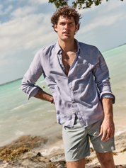 Marine Layer Better-Than-Linen Shirt LS Long Sleeve Men’s Chambray Blue Collared Button Up Top for Men Spring Summer Athens GA Georgia Kempt Menswear Store Near Me