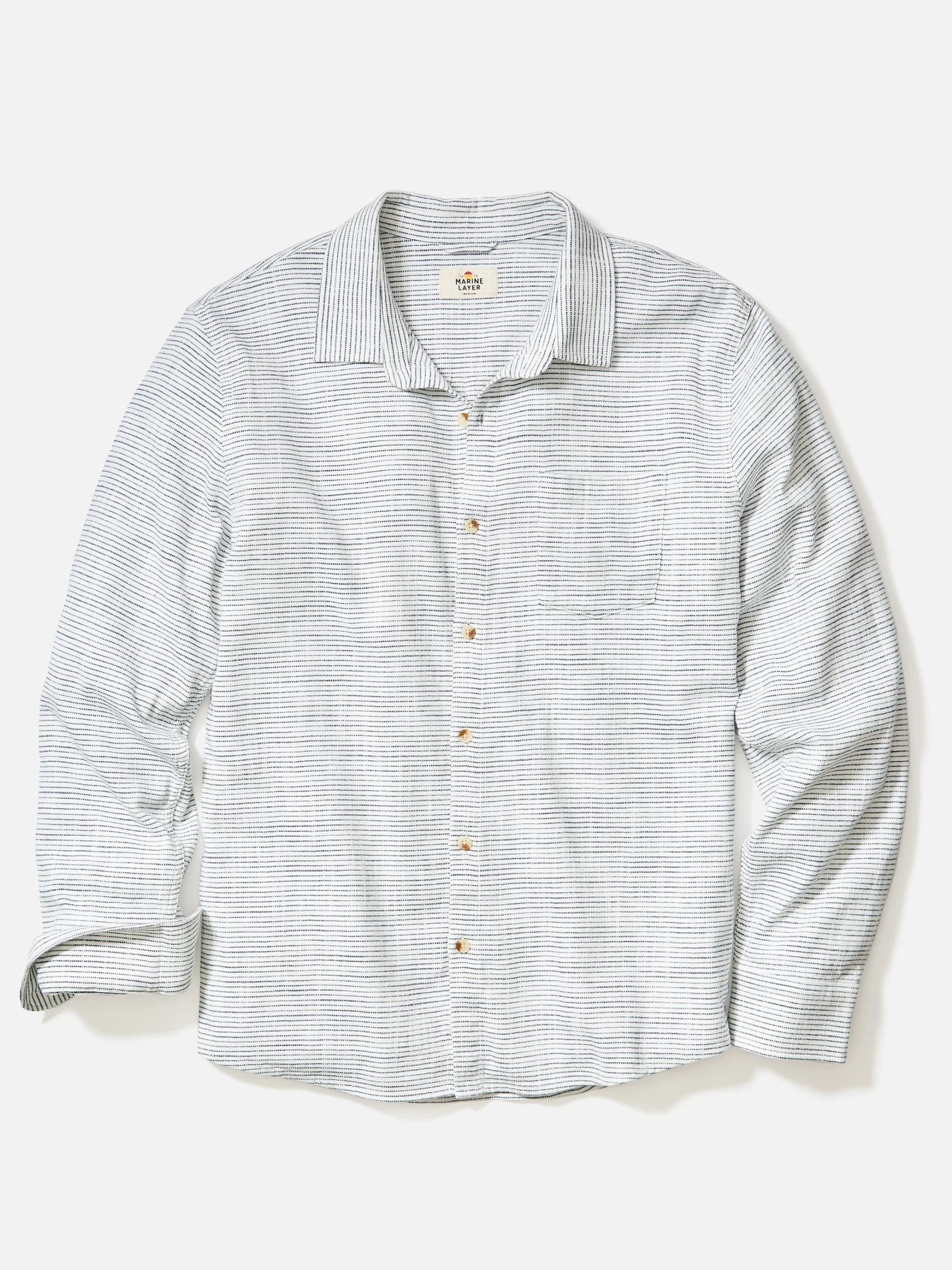 Marine Layer Classic Stretch Long Sleeve LS Selvage Shirt Natural White Black Stripe Pattern Men’s Tops for Men Spring Summer Collared Button Up Athens GA Georgia Kempt Menswear Store Near Me