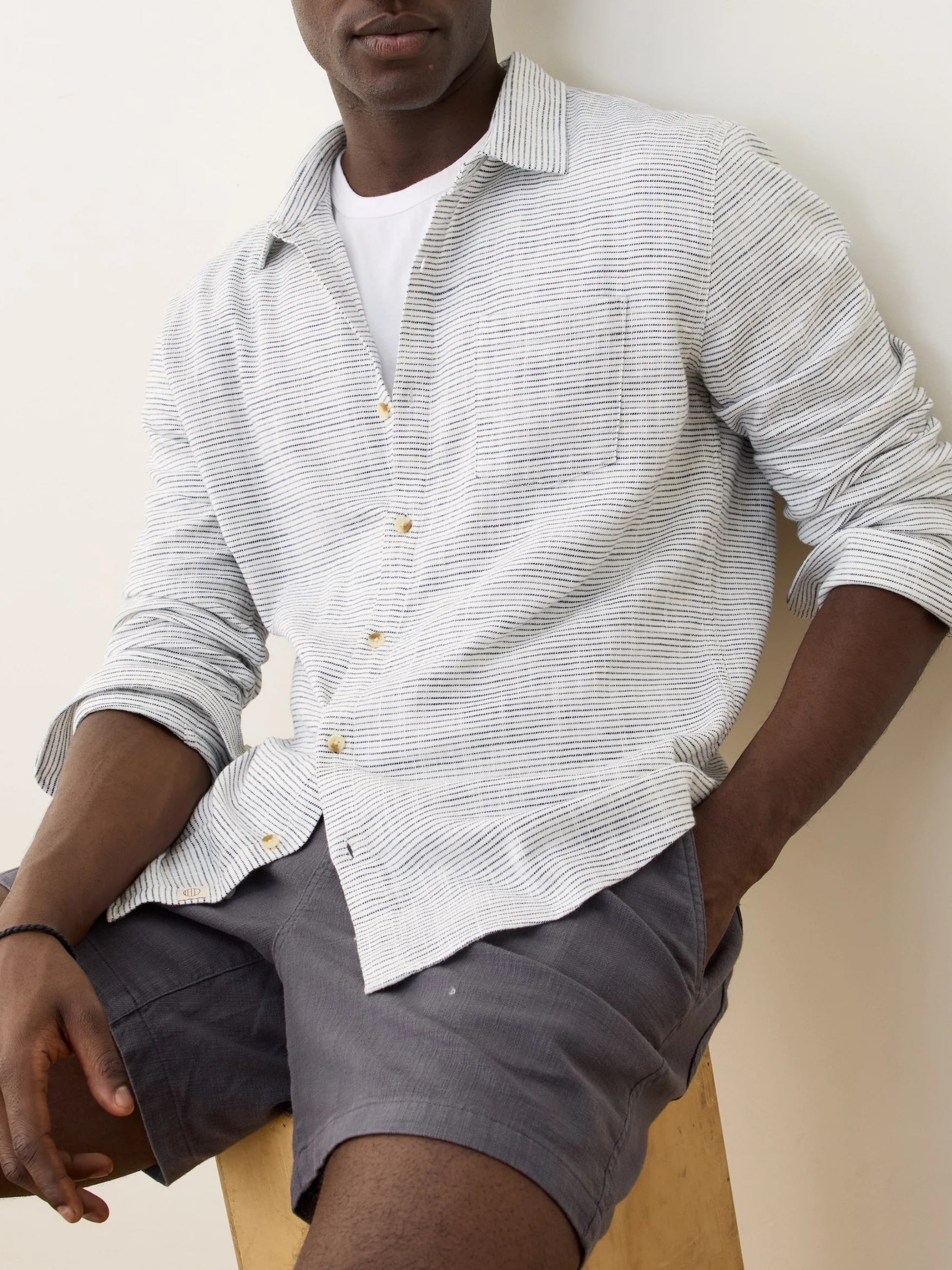 Marine Layer Classic Stretch Long Sleeve LS Selvage Shirt Natural White Black Stripe Pattern Men’s Tops for Men Spring Summer Collared Button Up Athens GA Georgia Kempt Menswear Store Near Me