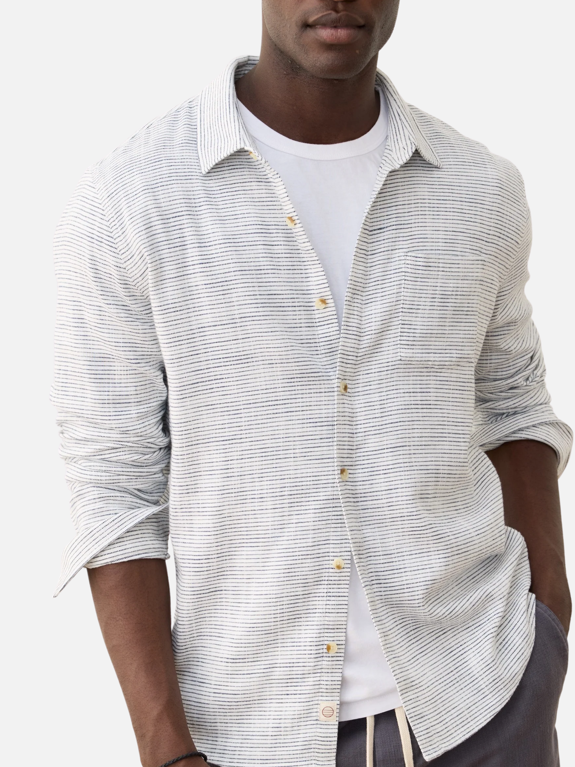 Marine Layer Classic Stretch Long Sleeve LS Selvage Shirt Natural White Black Stripe Pattern Men’s Tops for Men Spring Summer Collared Button Up Athens GA Georgia Kempt Menswear Store Near Me