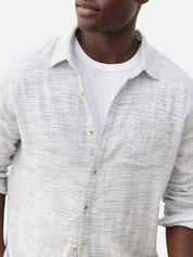 Marine Layer Classic Stretch Long Sleeve LS Selvage Shirt Natural White Black Stripe Pattern Men’s Tops for Men Spring Summer Collared Button Up Athens GA Georgia Kempt Menswear Store Near Me