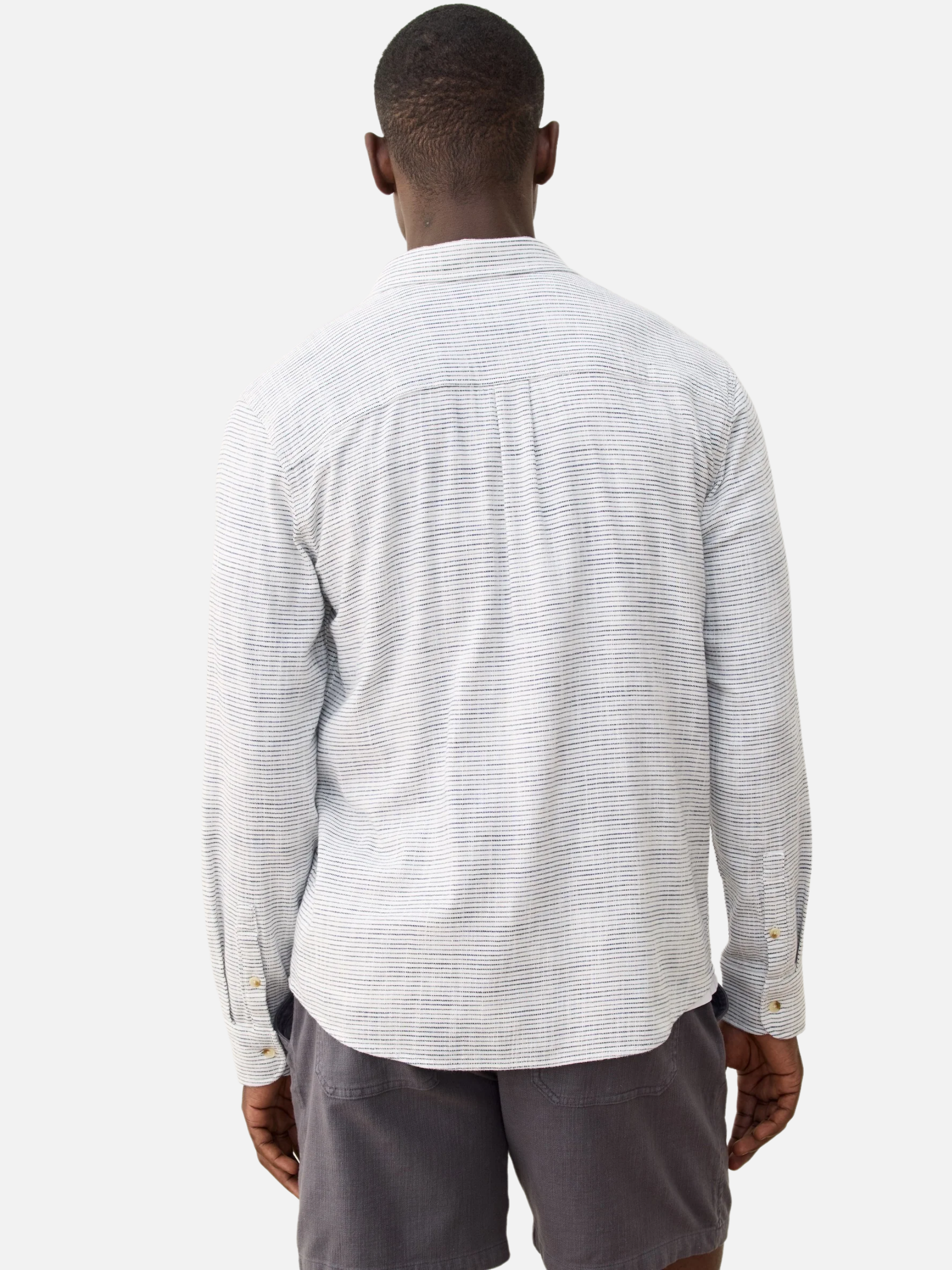 Marine Layer Classic Stretch Long Sleeve LS Selvage Shirt Natural White Black Stripe Pattern Men’s Tops for Men Spring Summer Collared Button Up Athens GA Georgia Kempt Menswear Store Near Me