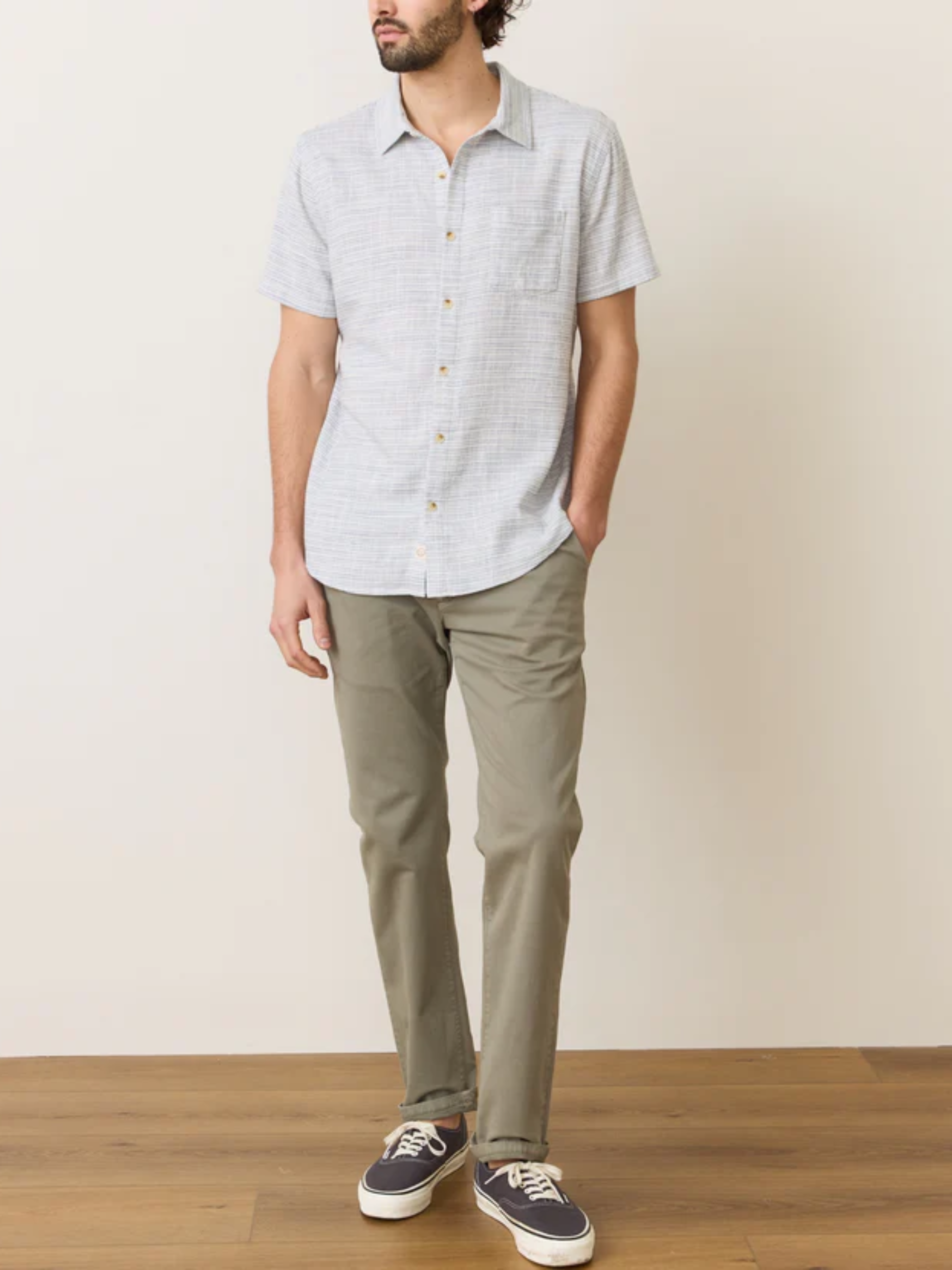 Marine Layer Classic Stretch Selvage Shirt Blue Mini Stripe SS Short Sleeve Men’s Button Top Athens GA Georgia Kempt Menswear Store Near Me
