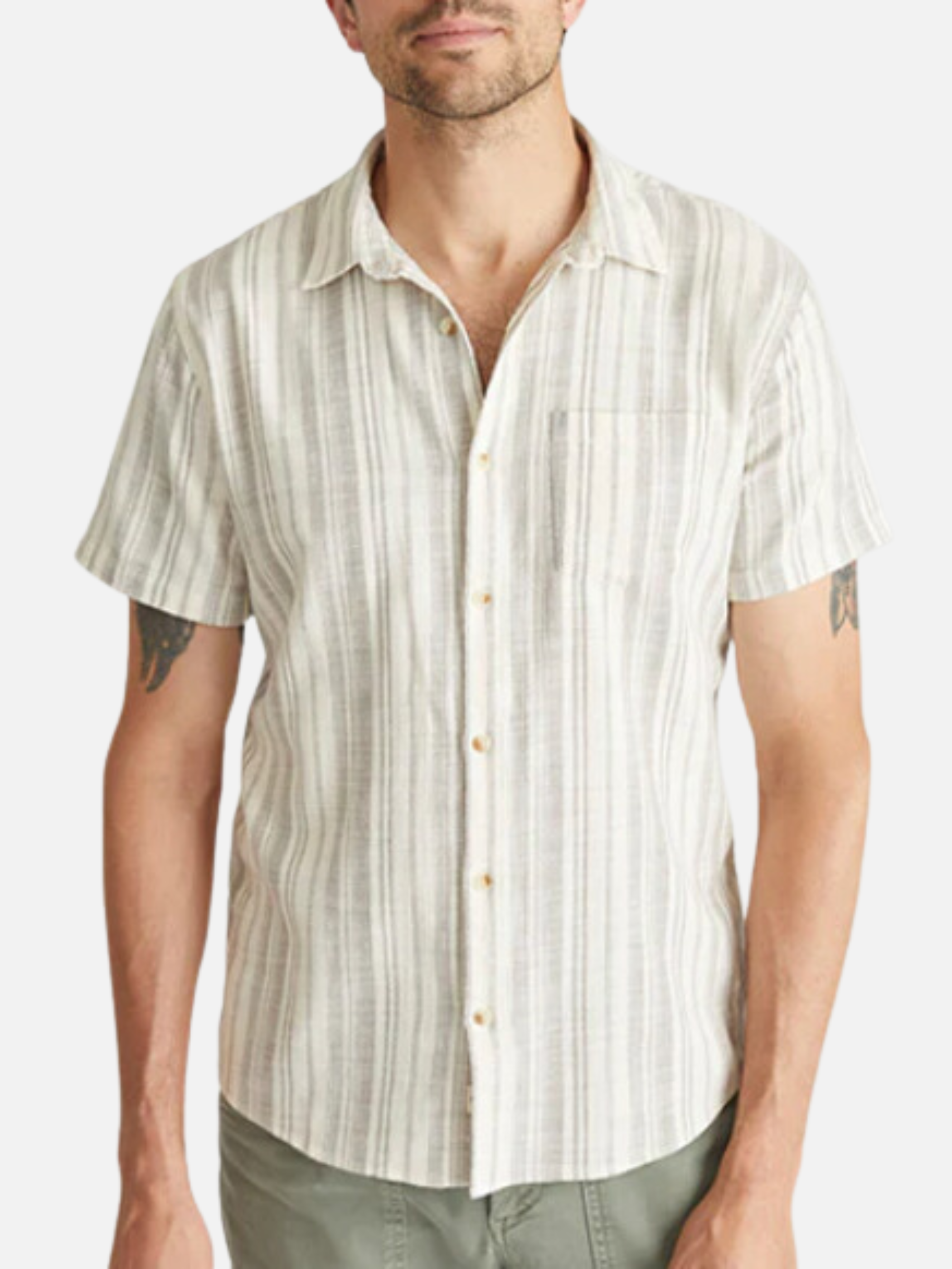 Marine Layer Classic Stretch Selvage Shirt Cream Olive Stripe Men’s SS Short Sleeve Button Collared Top Athens GA Georgia Kempt Menswear Store Near Me