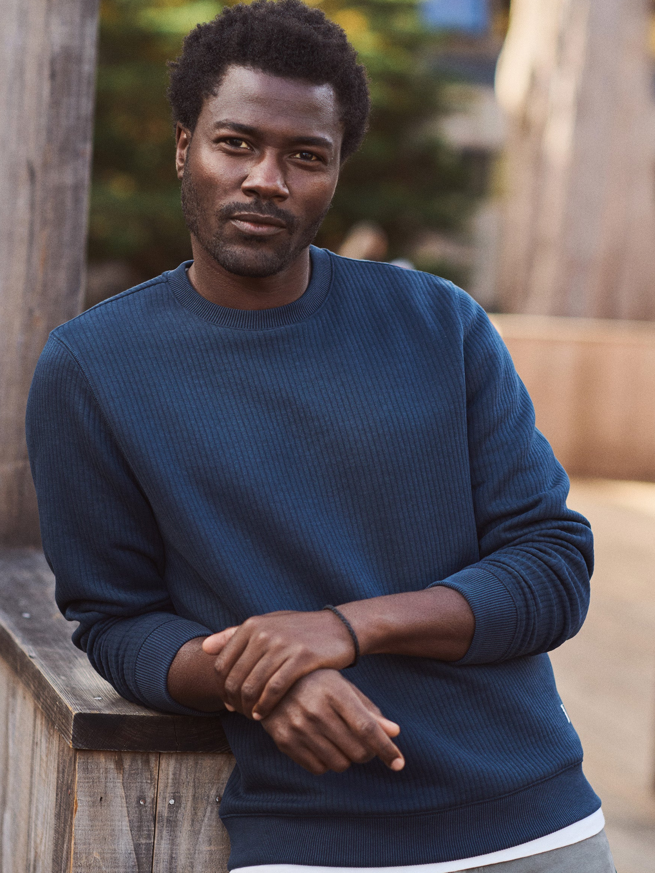 Marine Layer Corbet Quilted Crewneck Navy Blue Texture Layer Fall Winter Men’s Tops for Men Athens GA Georgia Kempt Menswear Store Near Me