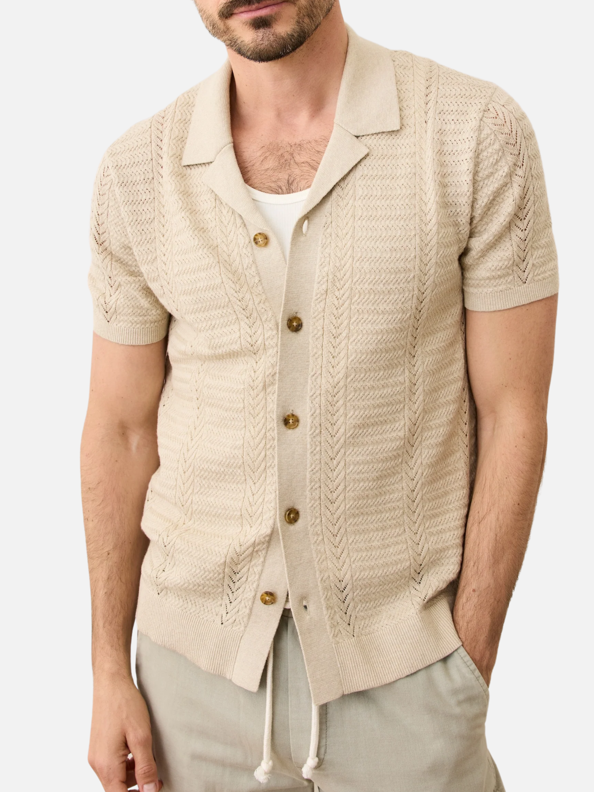 Marine Layer Jaden Sweater Resort Shirt Driftwood Men's Textured Knit Collared Button Up Shirt For Men Athens GA Georgia Kempt Menswear Store Near Me