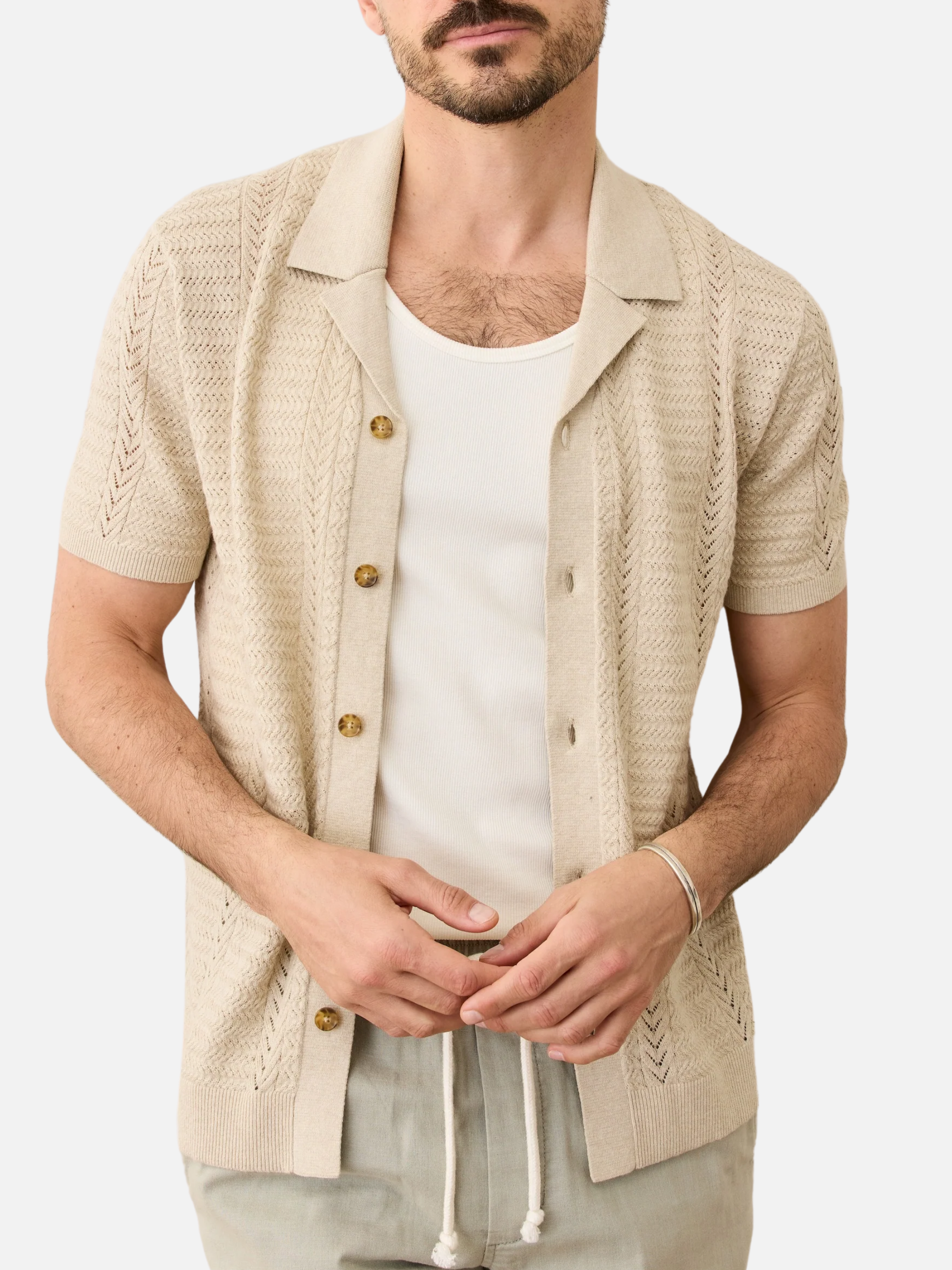 Marine Layer Jaden Sweater Resort Shirt Driftwood Men's Textured Knit Collared Button Up Shirt For Men Athens GA Georgia Kempt Menswear Store Near Me