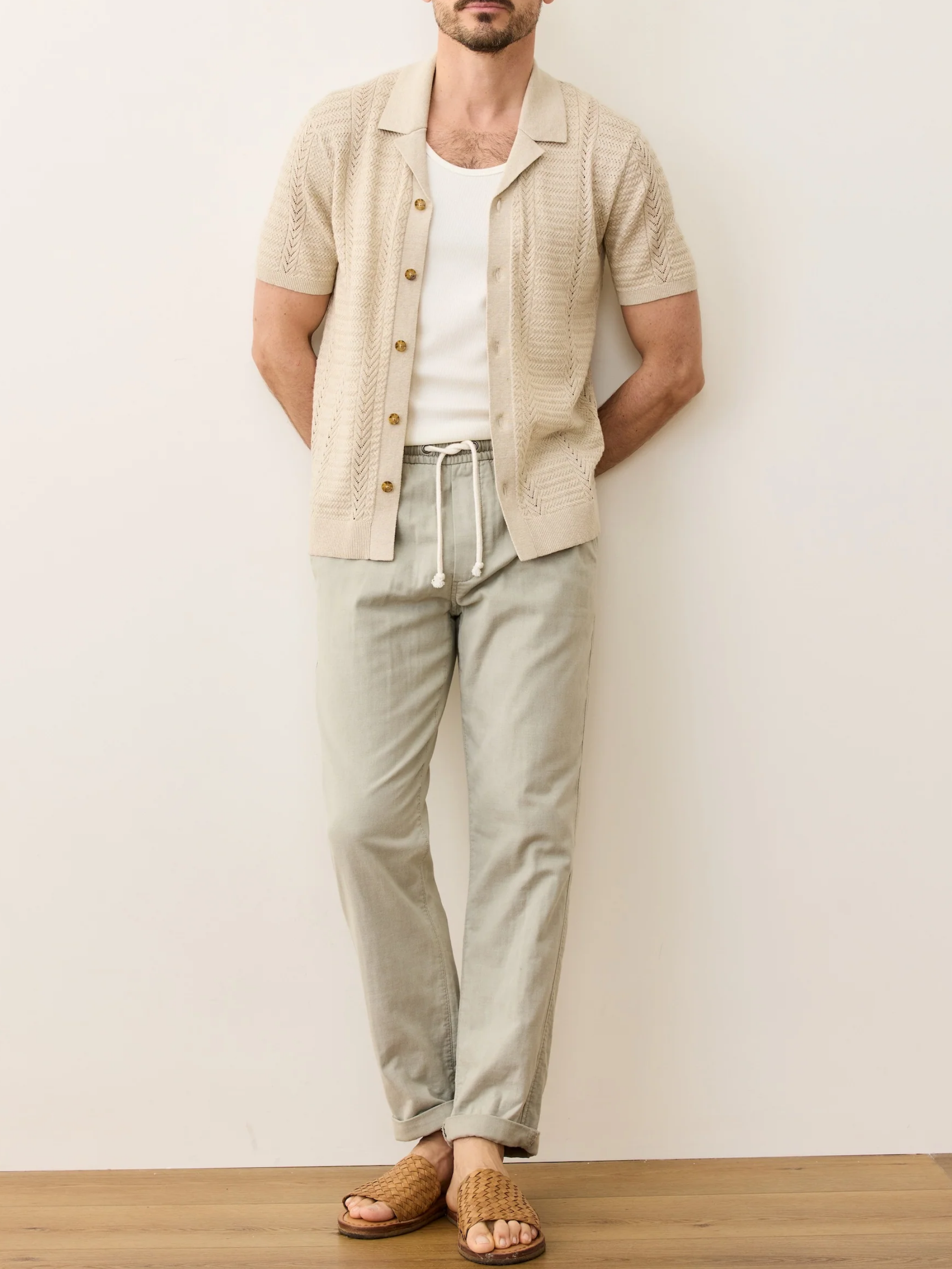 Marine Layer Jaden Sweater Resort Shirt Driftwood Men's Textured Knit Collared Button Up Shirt For Men Athens GA Georgia Kempt Menswear Store Near Me