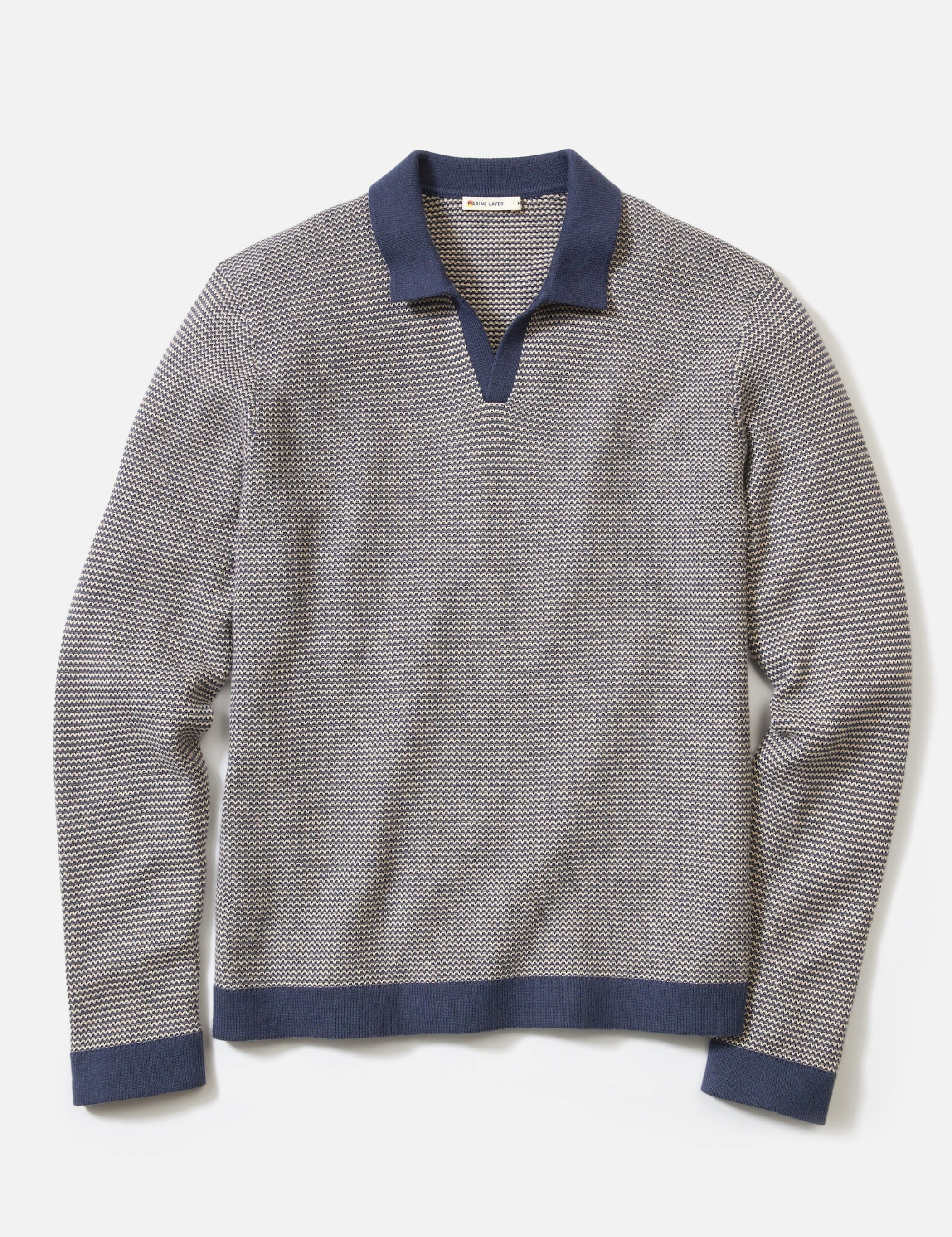 Marine Layer Liam Sweater Long Sleeve Polo Navy Driftwood Blue Knit Knitted Men’s Top Tops for Men Fall Winter Johnny Collar