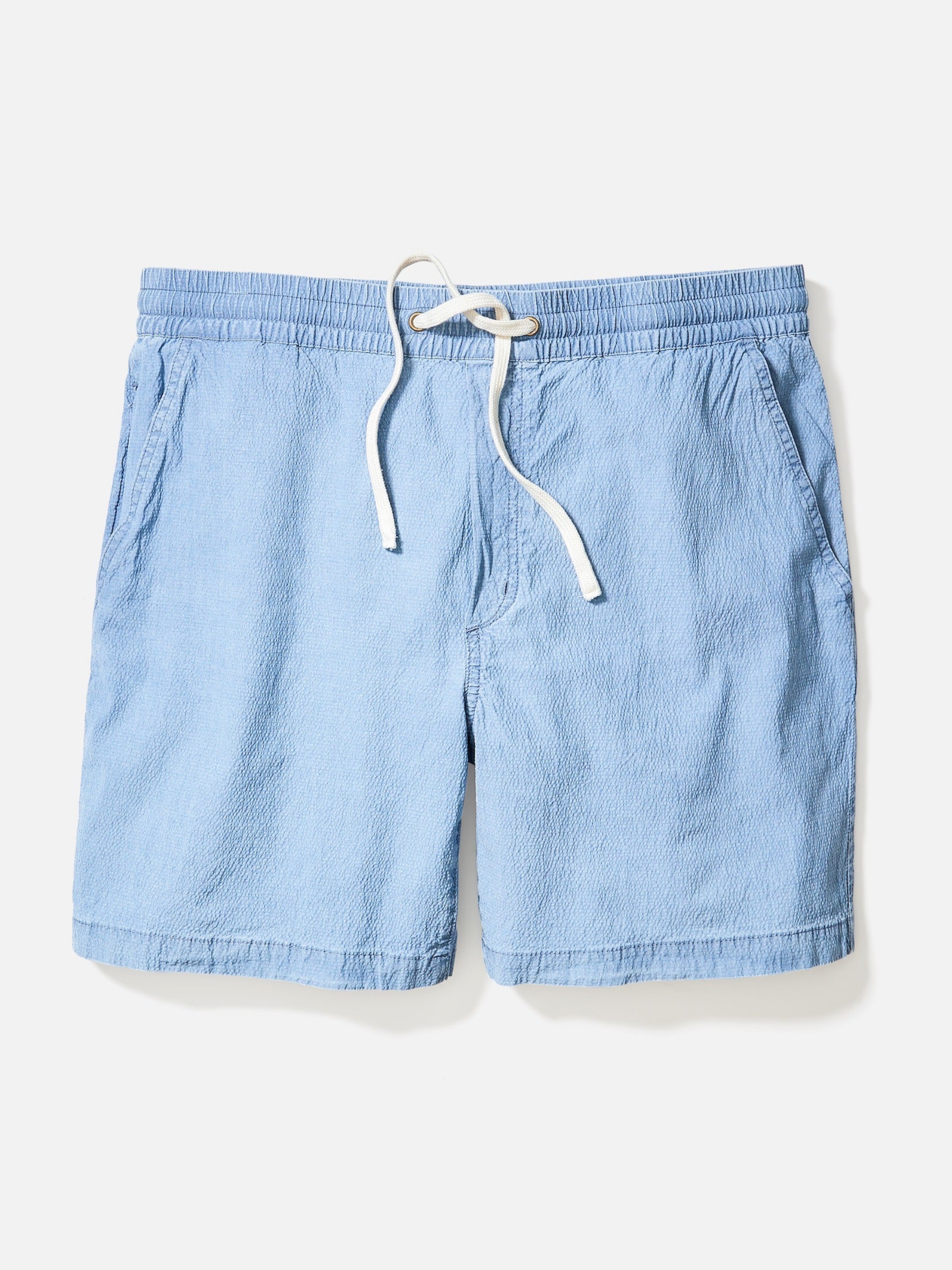 Marine Layer Saturday Seersucker 6” Inch Short Light Indigo Blue Drawstring Elastic Waistband Men’s Bottoms for Men Spring Summer Athens GA Georgia Kempt Menswear Store Near Me
