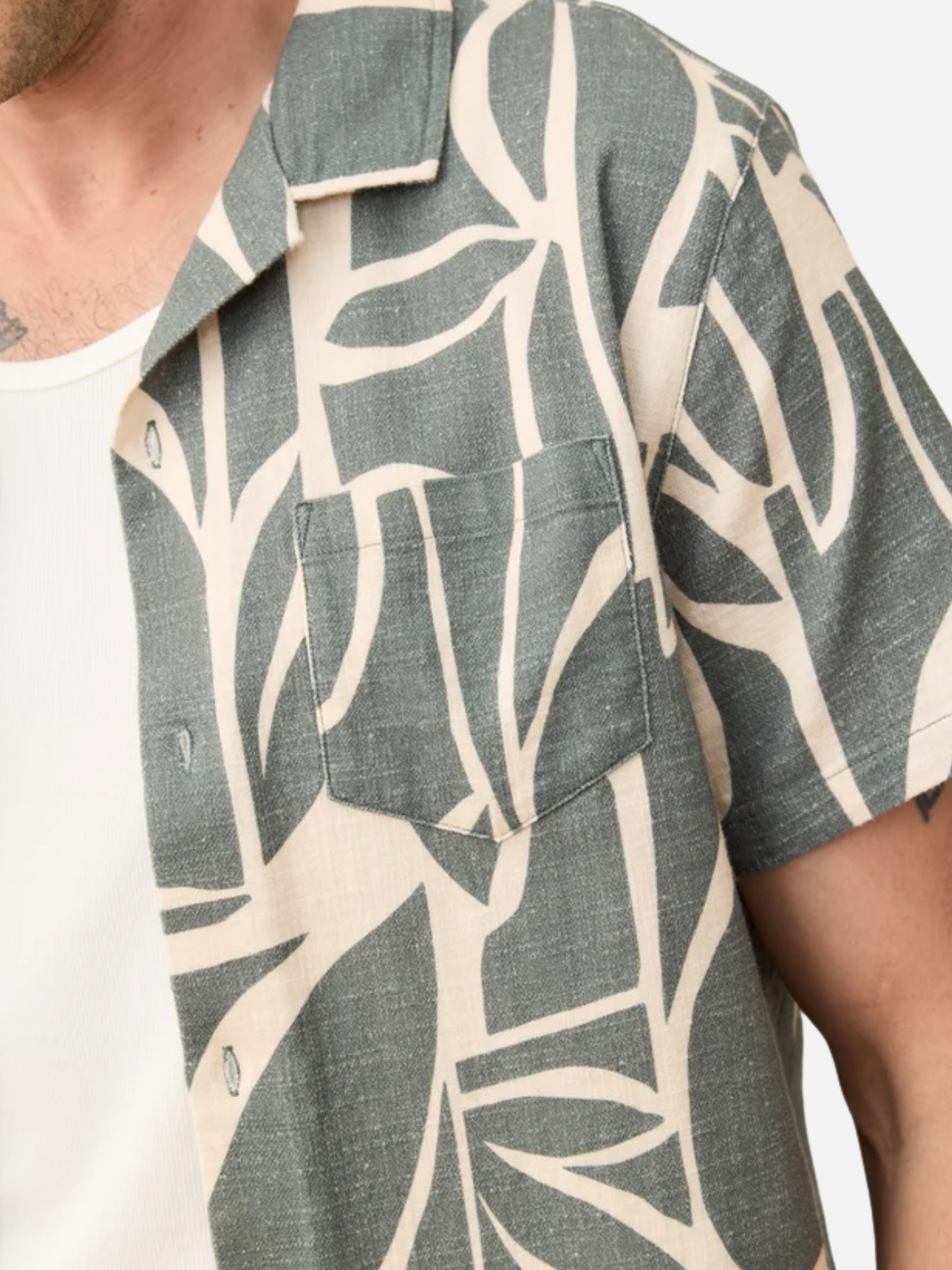 Marine Layer Stretch Selvage Resort SS Short Sleeve Men’s Shirt Shirts Top Tops for Men Summer Olive Green Abstract Palm Print Athens GA Georgia Kempt Menswear Store Near Me