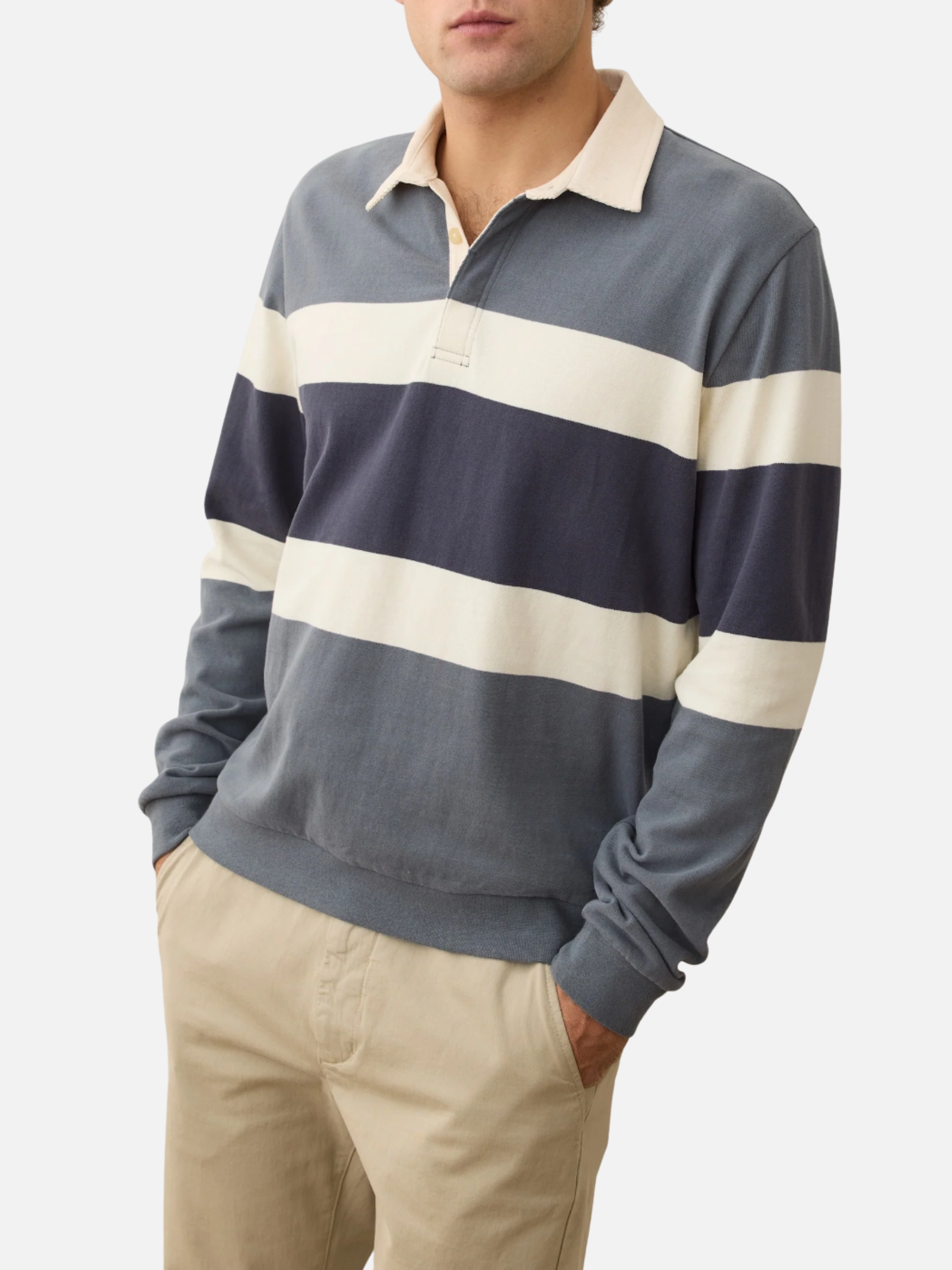 Marine Layer Sueded Rugby Polo Men’s Tops for Men Long Sleeve LS Collared Shirt Stormy Weather Colorblock Stripe Blue Gray Athens GA Georgia Kempt Menswear Store Near Me