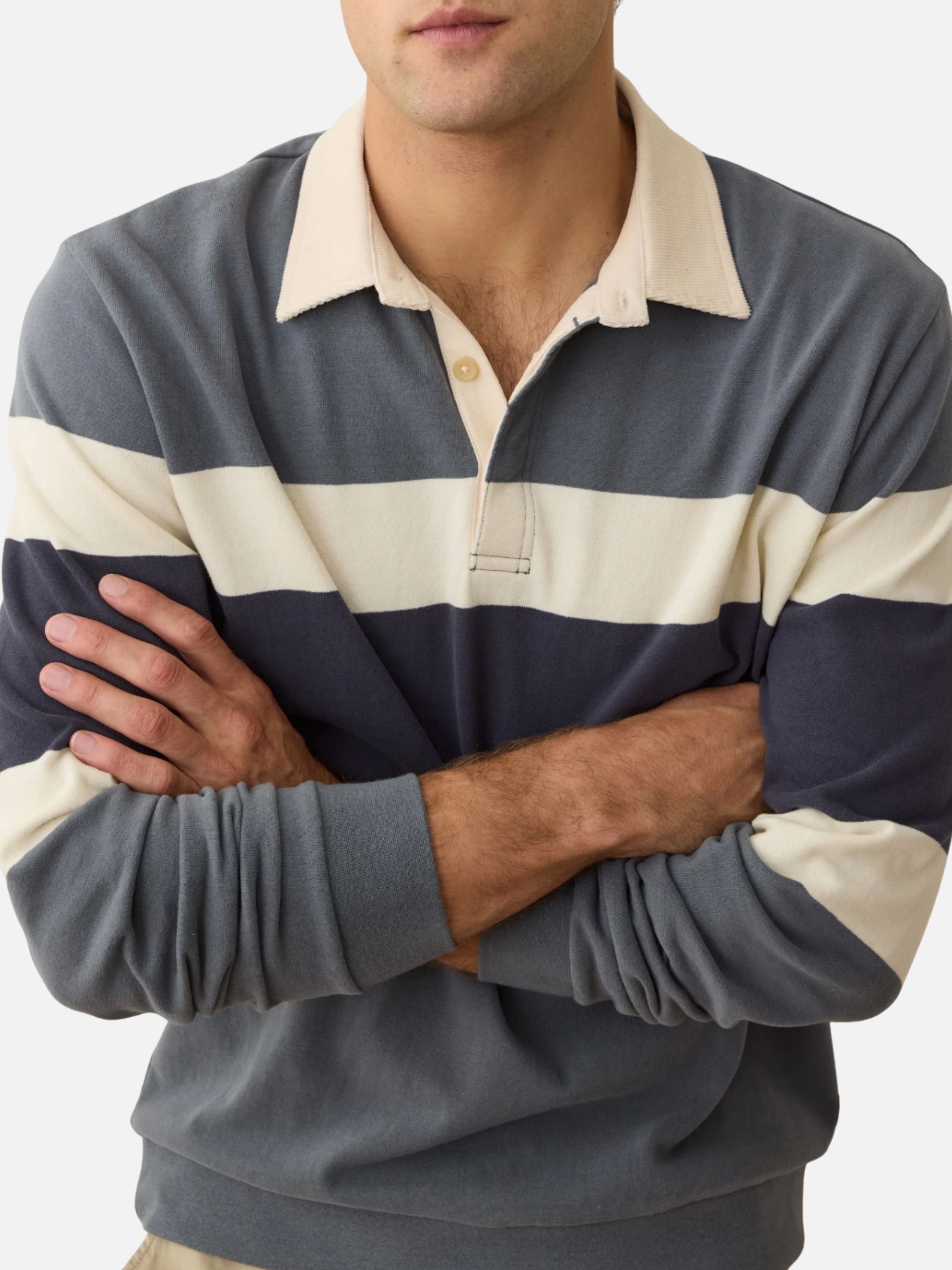 Marine Layer Sueded Rugby Polo Men’s Tops for Men Long Sleeve LS Collared Shirt Stormy Weather Colorblock Stripe Blue Gray Athens GA Georgia Kempt Menswear Store Near Me