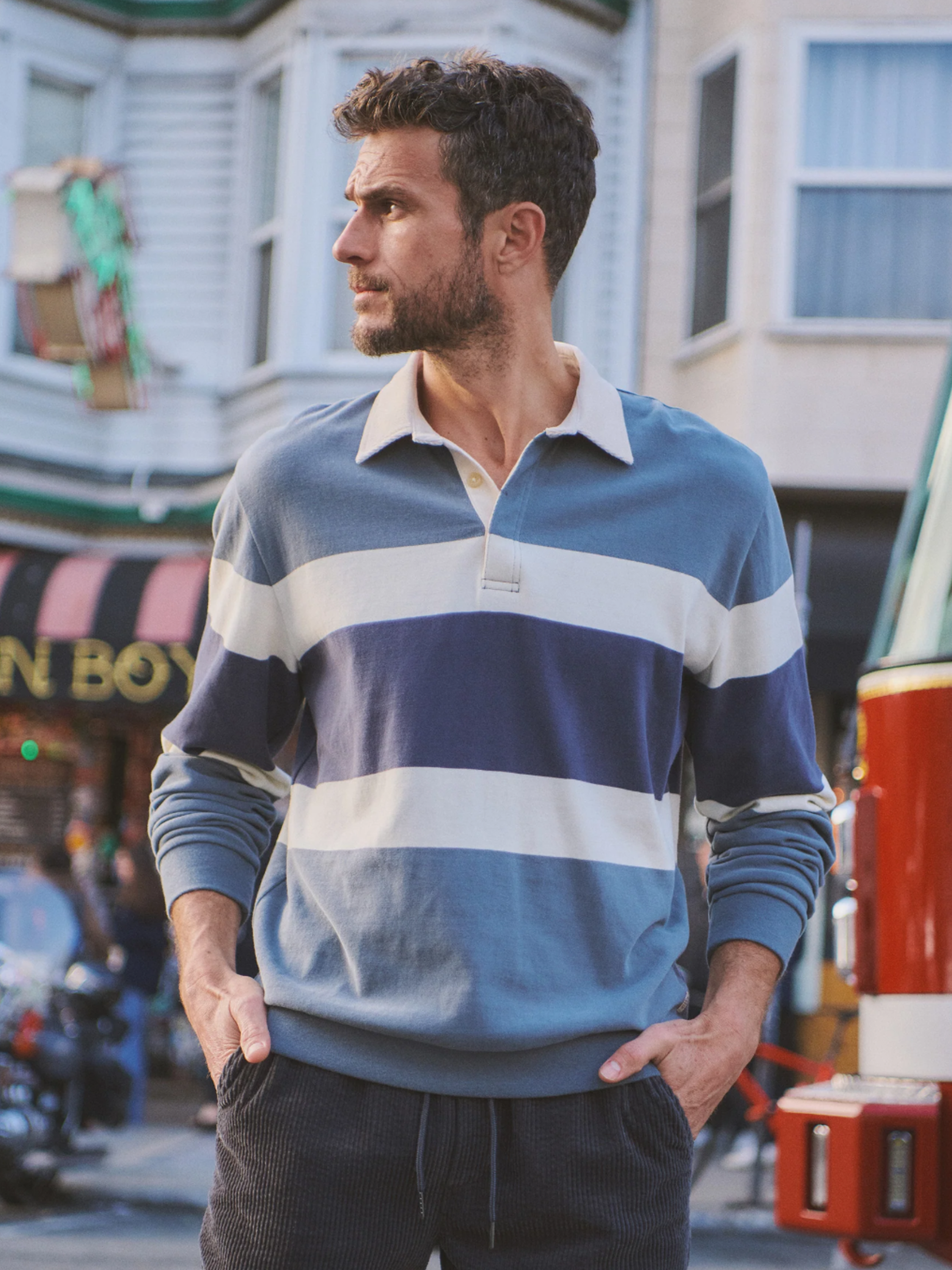 Marine Layer Sueded Rugby Polo Men’s Tops for Men Long Sleeve LS Collared Shirt Stormy Weather Colorblock Stripe Blue Gray Athens GA Georgia Kempt Menswear Store Near Me