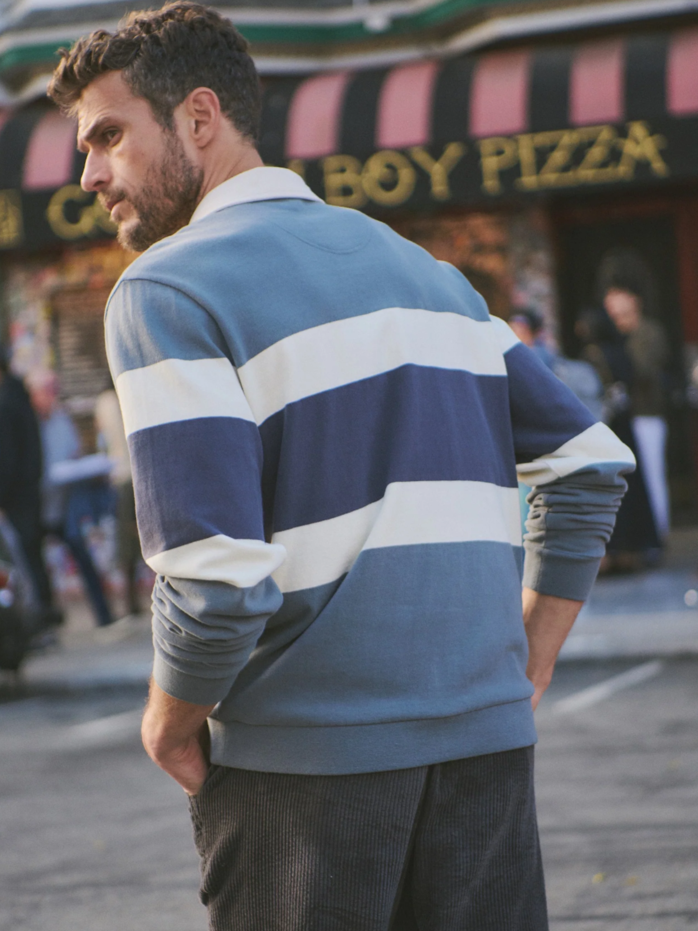 Marine Layer Sueded Rugby Polo Men’s Tops for Men Long Sleeve LS Collared Shirt Stormy Weather Colorblock Stripe Blue Gray Athens GA Georgia Kempt Menswear Store Near Me