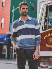 Marine Layer Sueded Rugby Polo Men’s Tops for Men Long Sleeve LS Collared Shirt Stormy Weather Colorblock Stripe Blue Gray Athens GA Georgia Kempt Menswear Store Near Me