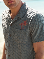 Marine Layer Towel Terry Resort Shirt North Atlantic Blue Terrycloth Textured Men’s SS Short Sleeve Collared Button Down Top for Men Spring Summer Athens GA Georgia Menswear Store Near Me