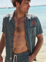 Marine Layer Towel Terry Resort Shirt North Atlantic Blue Terrycloth Textured Men’s SS Short Sleeve Collared Button Down Top for Men Spring Summer Athens GA Georgia Menswear Store Near Me