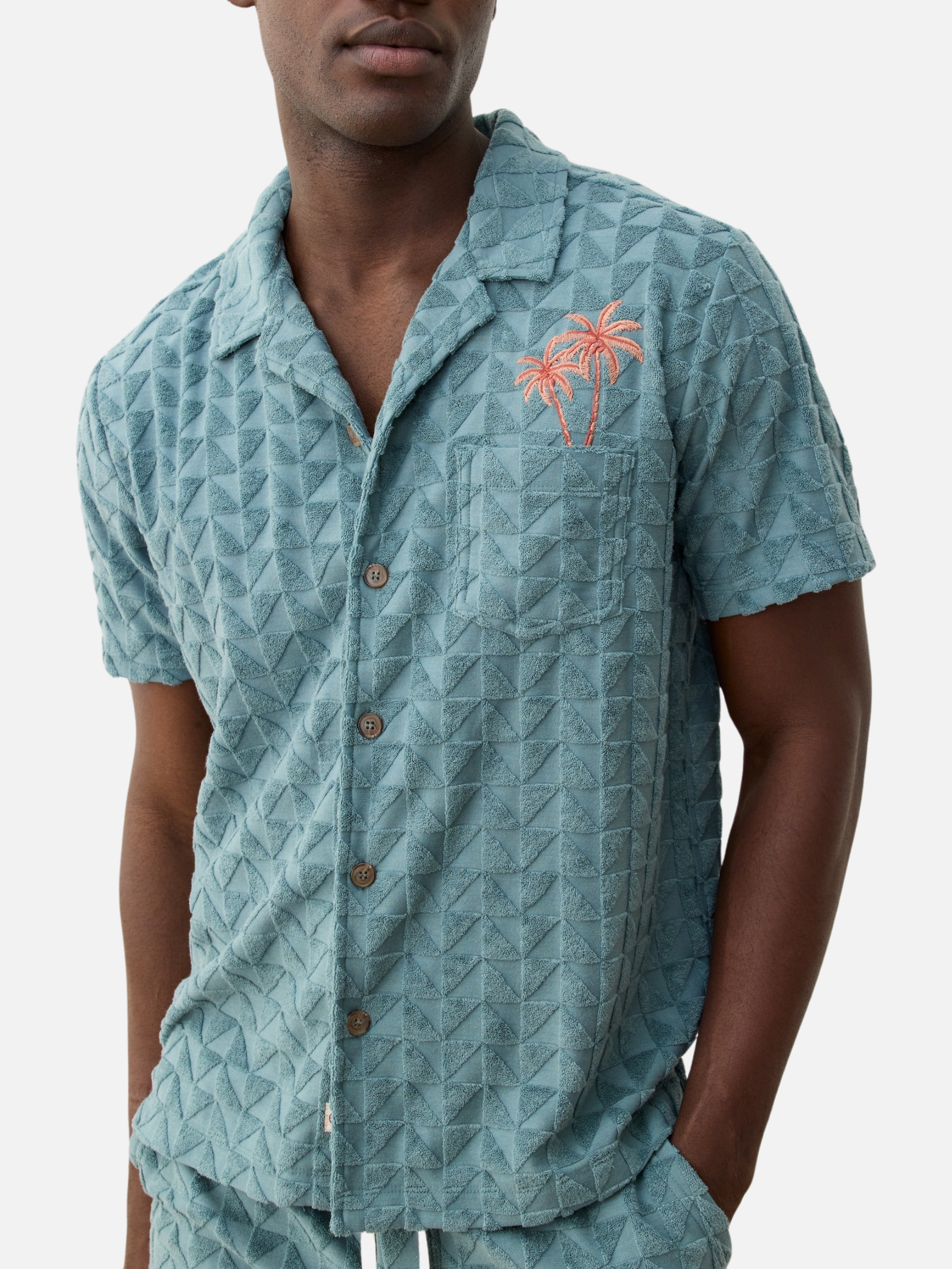 Marine Layer Towel Terry Resort Shirt North Atlantic Blue Terrycloth Textured Men’s SS Short Sleeve Collared Button Down Top for Men Spring Summer Athens GA Georgia Menswear Store Near Me