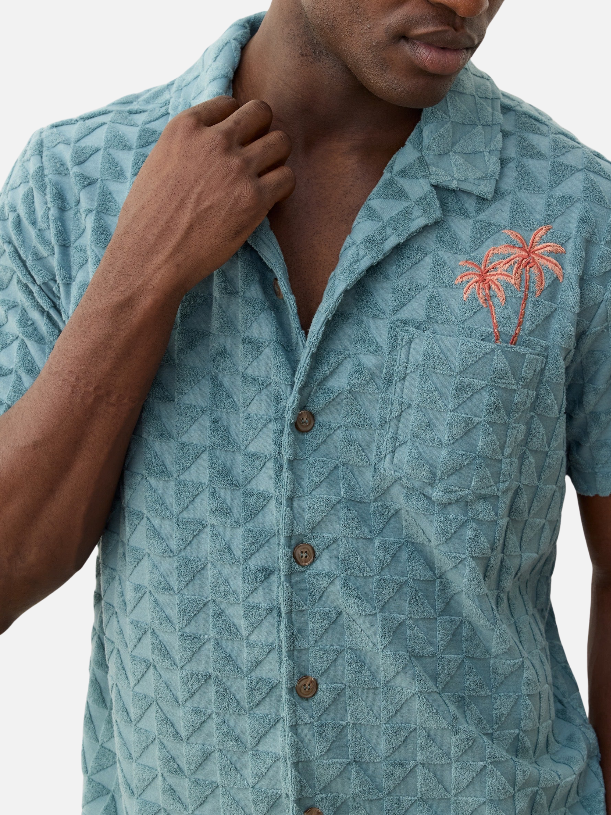 Marine Layer Towel Terry Resort Shirt North Atlantic Blue Terrycloth Textured Men’s SS Short Sleeve Collared Button Down Top for Men Spring Summer Athens GA Georgia Menswear Store Near Me