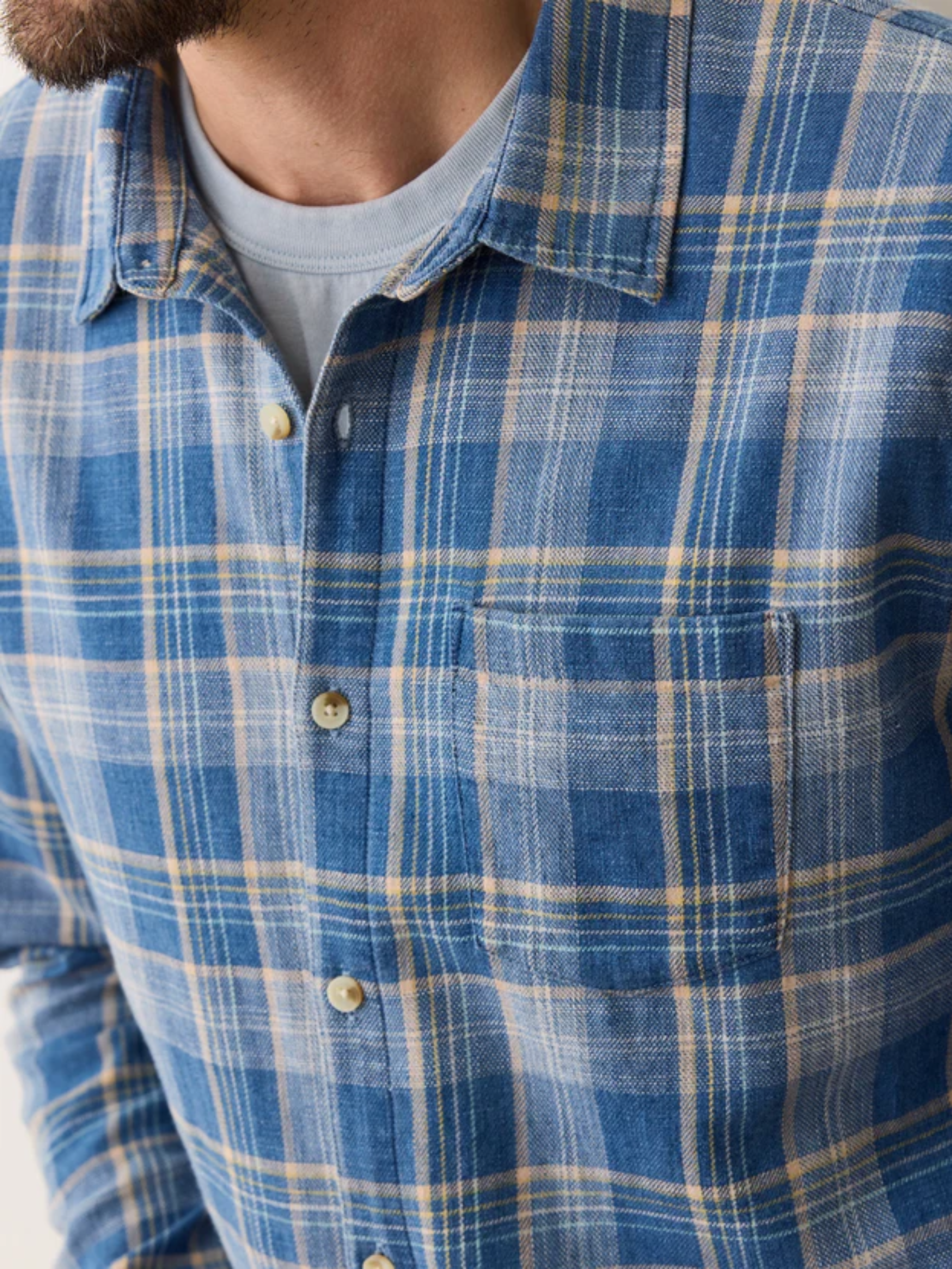 Marine Layer Classic Stretch Selvage LS Long Sleeve Shirt Blue Indigo Plaid Men's Collared Casual Button Up For Men Athens GA Georgia Kempt Menswear Store Near me