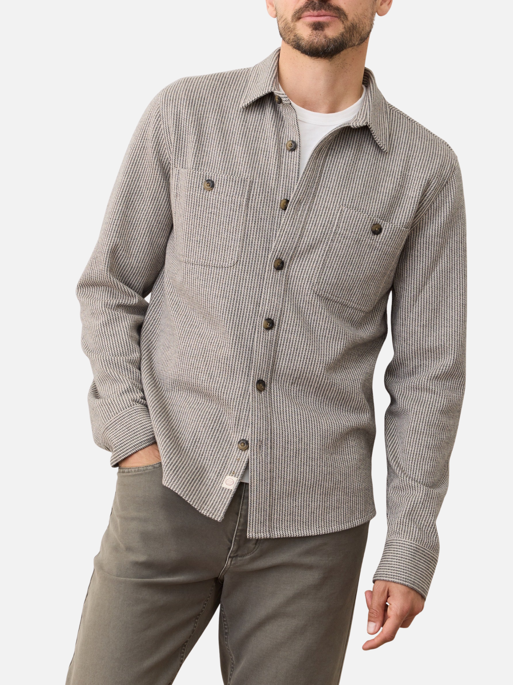 Marine Layer Pacifica Stretch Twill Overshirt Grey Railroad Stripe Shirt Jacket Kempt Mens Shop Athens Atlanta Georgia