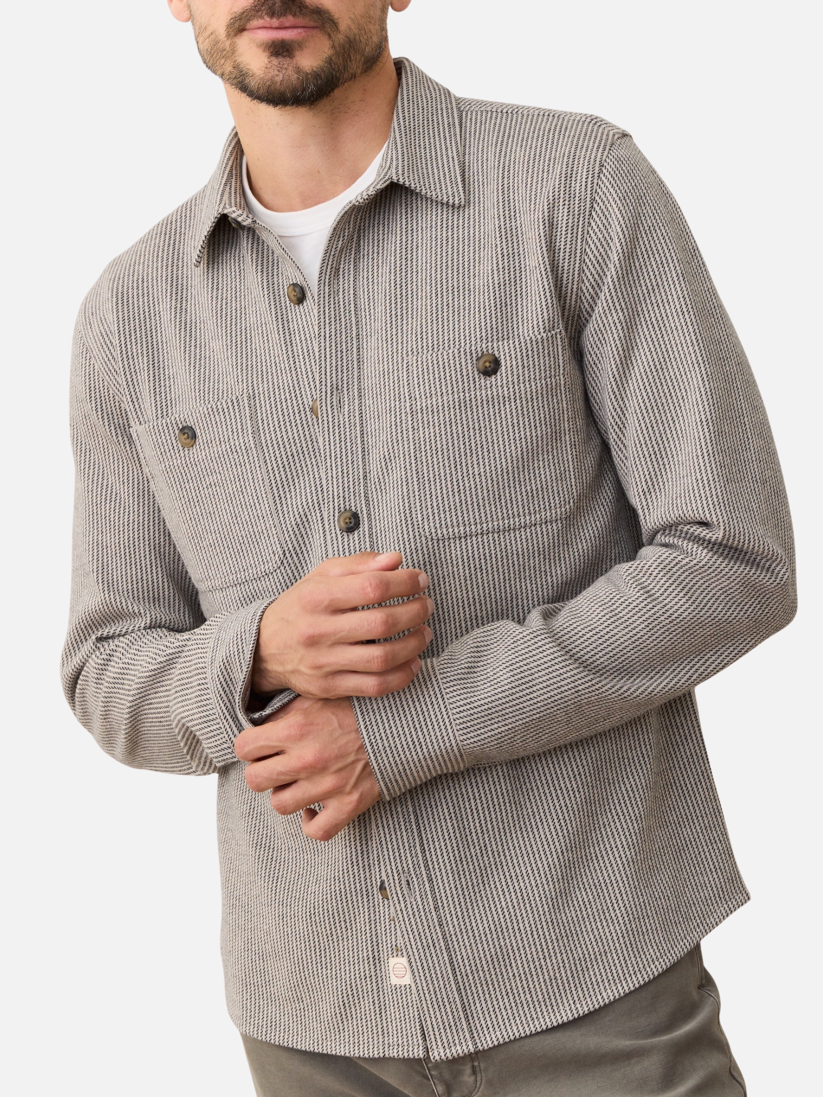 Marine Layer Pacifica Stretch Twill Overshirt Grey Railroad Stripe Shirt Jacket Kempt Mens Shop Athens Atlanta Georgia