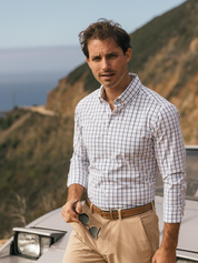 Mizzen + Main No Tuck Leeward LS Long Sleeve Dress Shirt Collared Button Down White Navy Windowpane Pattern Kempt Athens GA Georgia Menswear Store